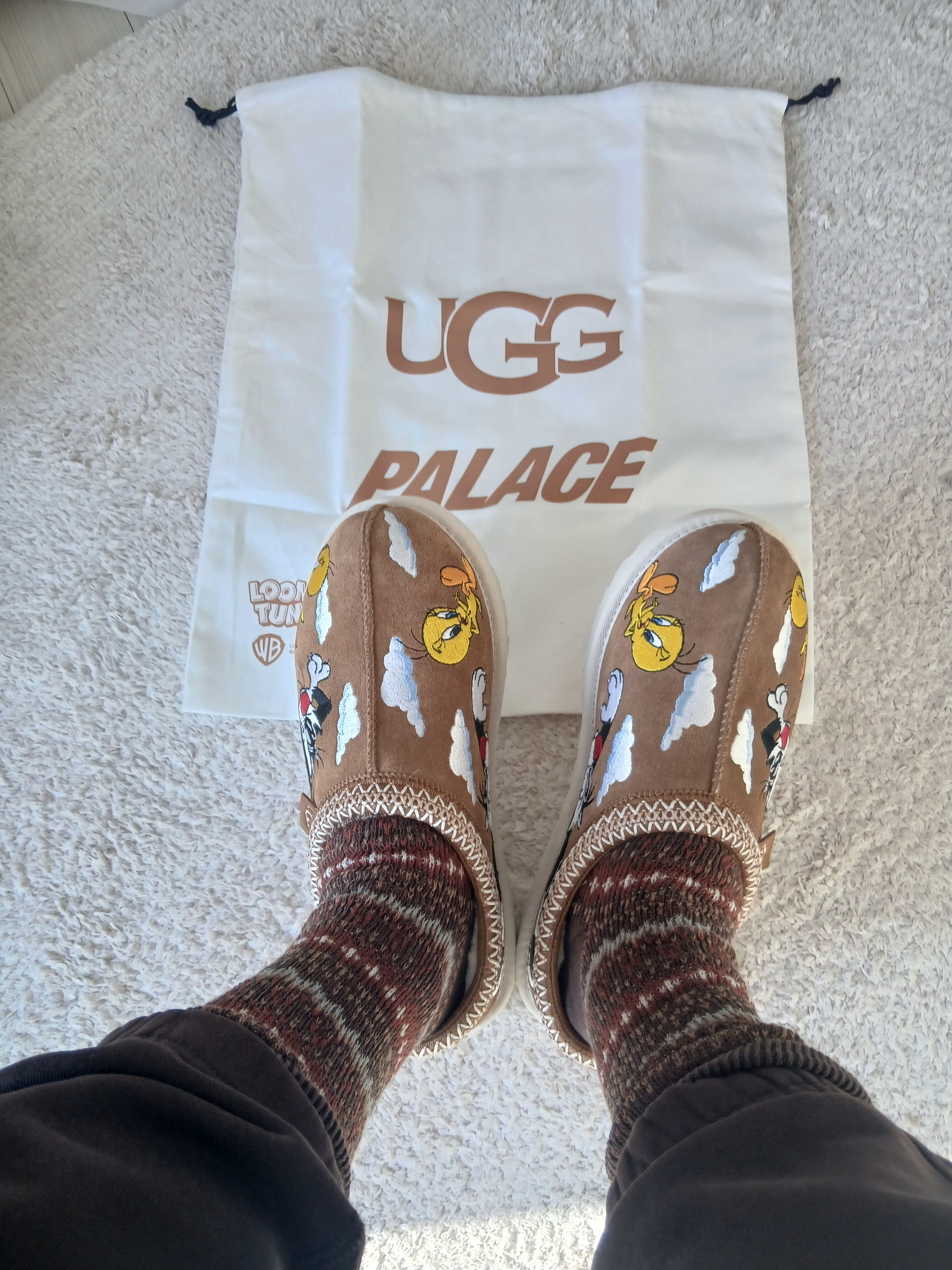 UGG x Palace x Looney Tunes Tasman Slipper Chestnut 착용 스타일 - 6