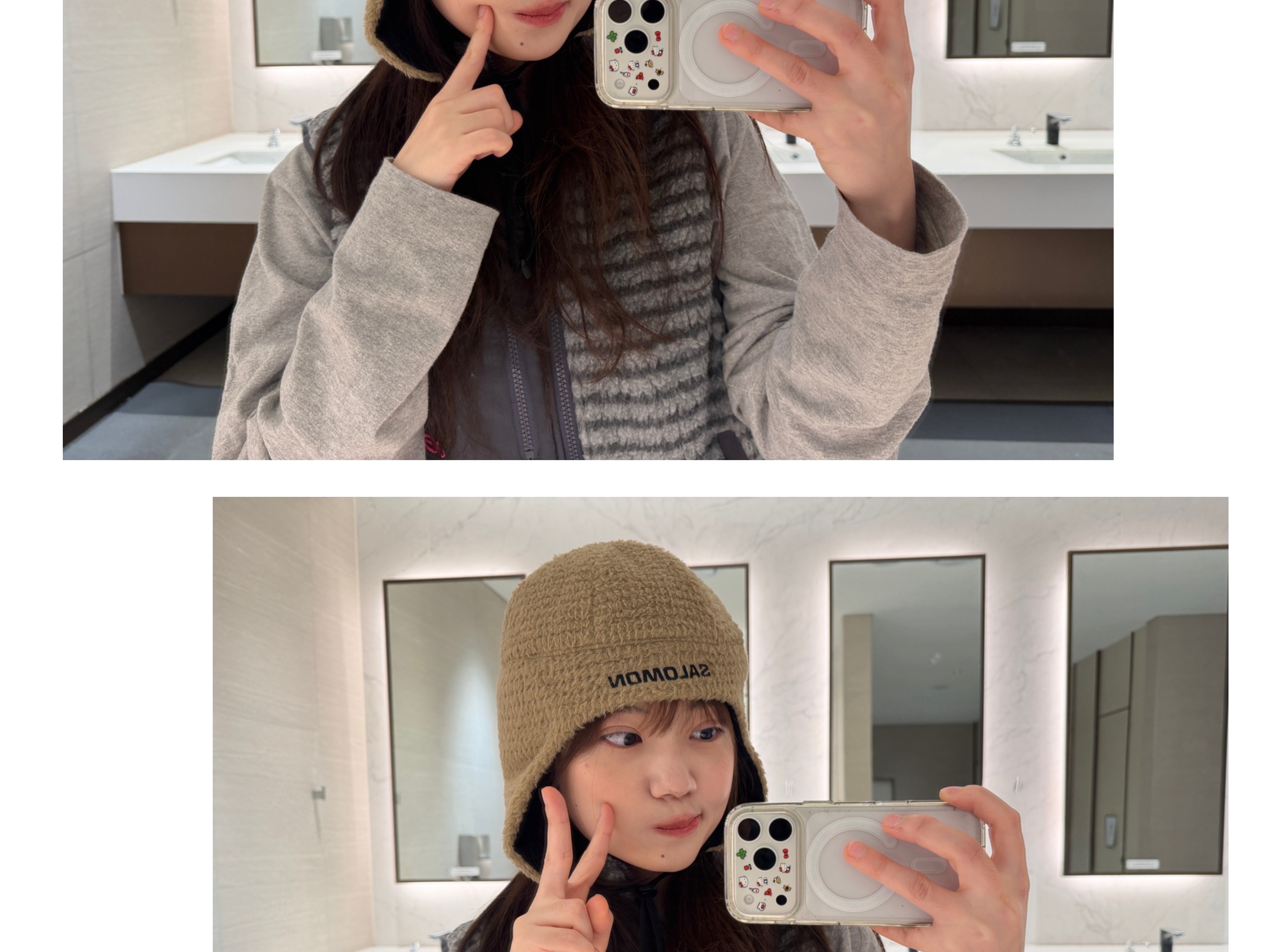 Salomon Sierra Fleece Beanie Mocha 착용 스타일