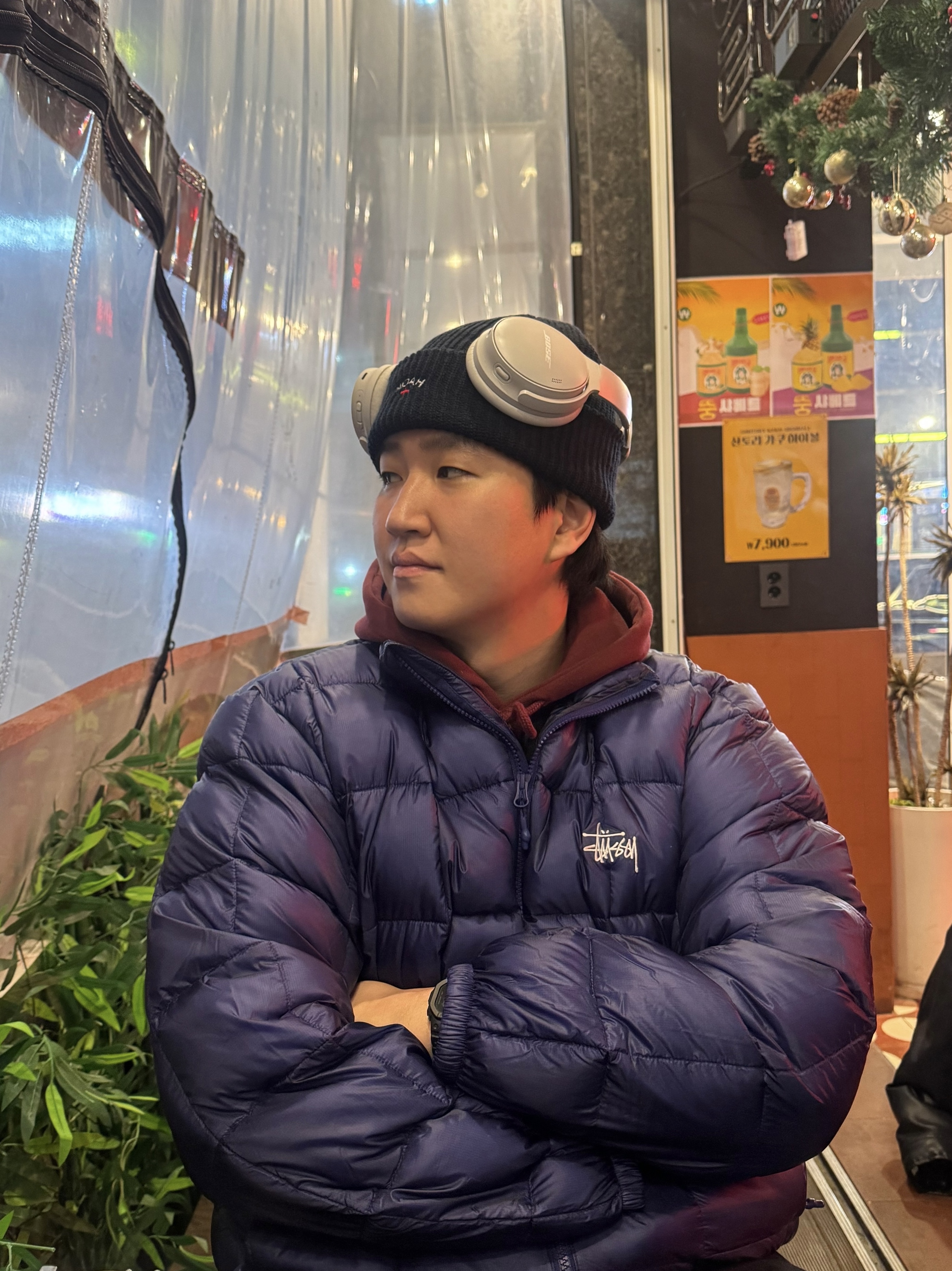 Stussy Midweight Puffer Iris, Noah Core Logo Beanie Dark Heather Grey 착용 스타일 - 1