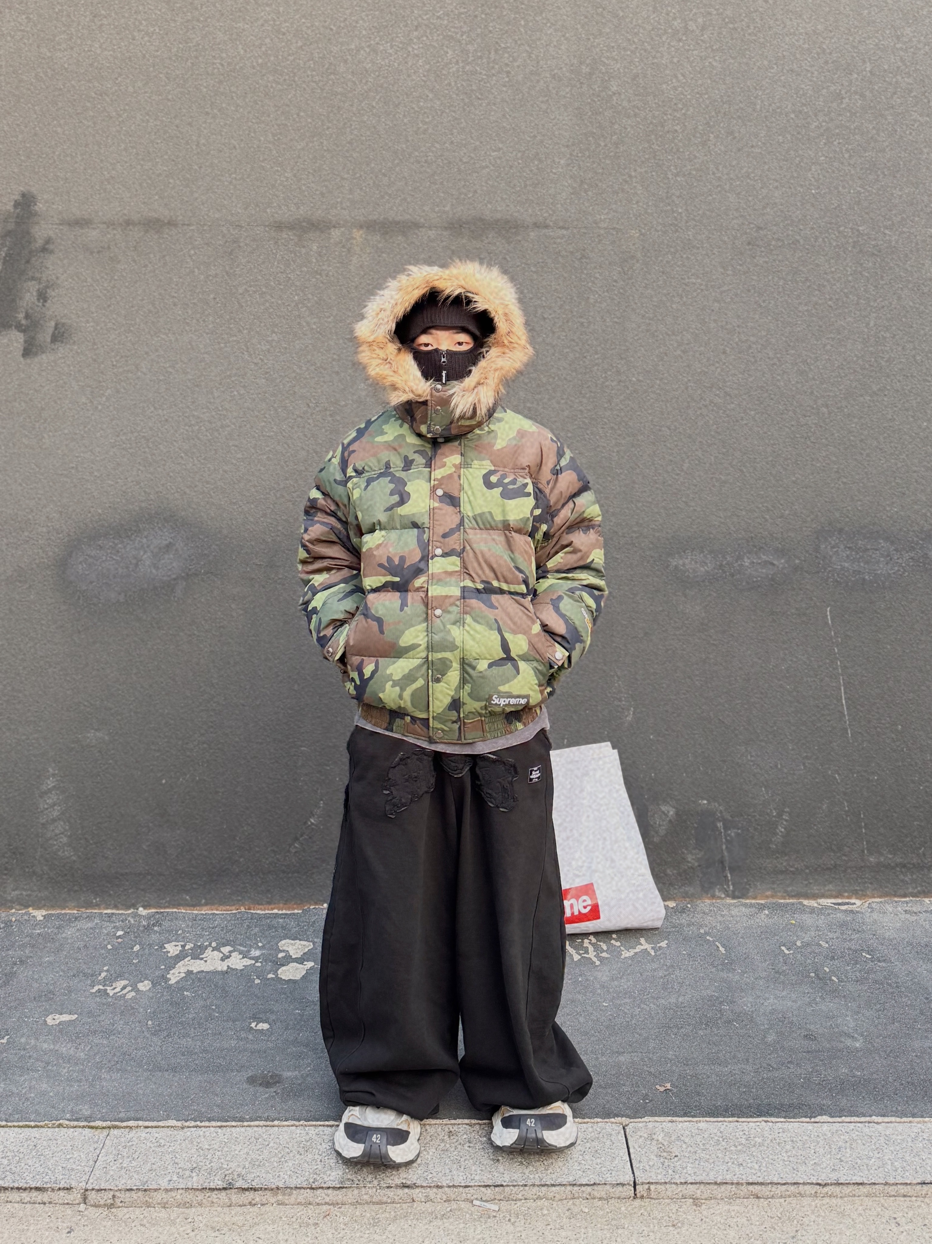Supreme Facemask 700-Fill Down Puffer Jacket Woodland Camo - 25FW, Balenciaga Cargo Sneakers White Grey 착용 스타일 - 4