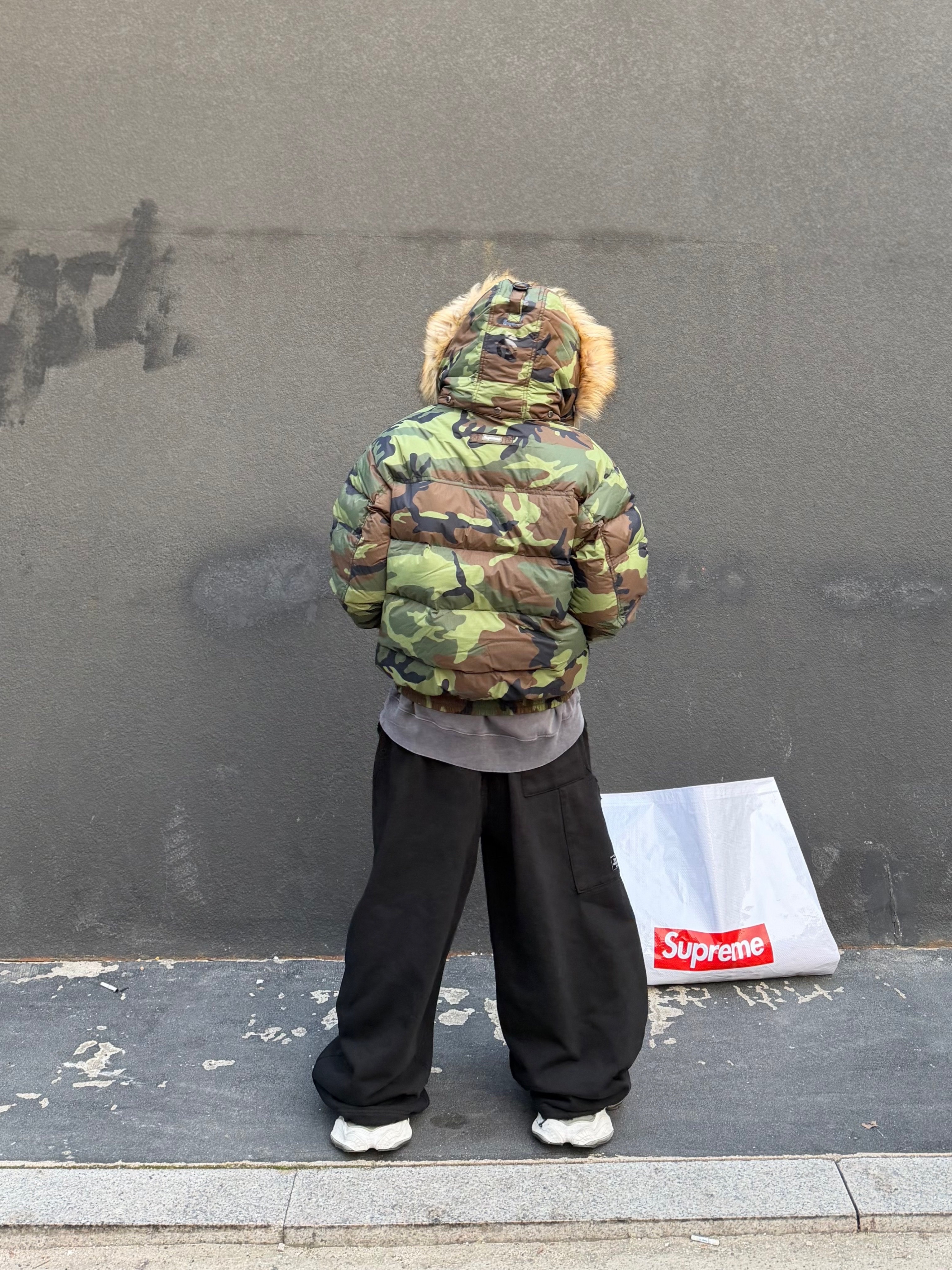 Supreme Facemask 700-Fill Down Puffer Jacket Woodland Camo - 25FW, Balenciaga Cargo Sneakers White Grey 착용 스타일 - 7