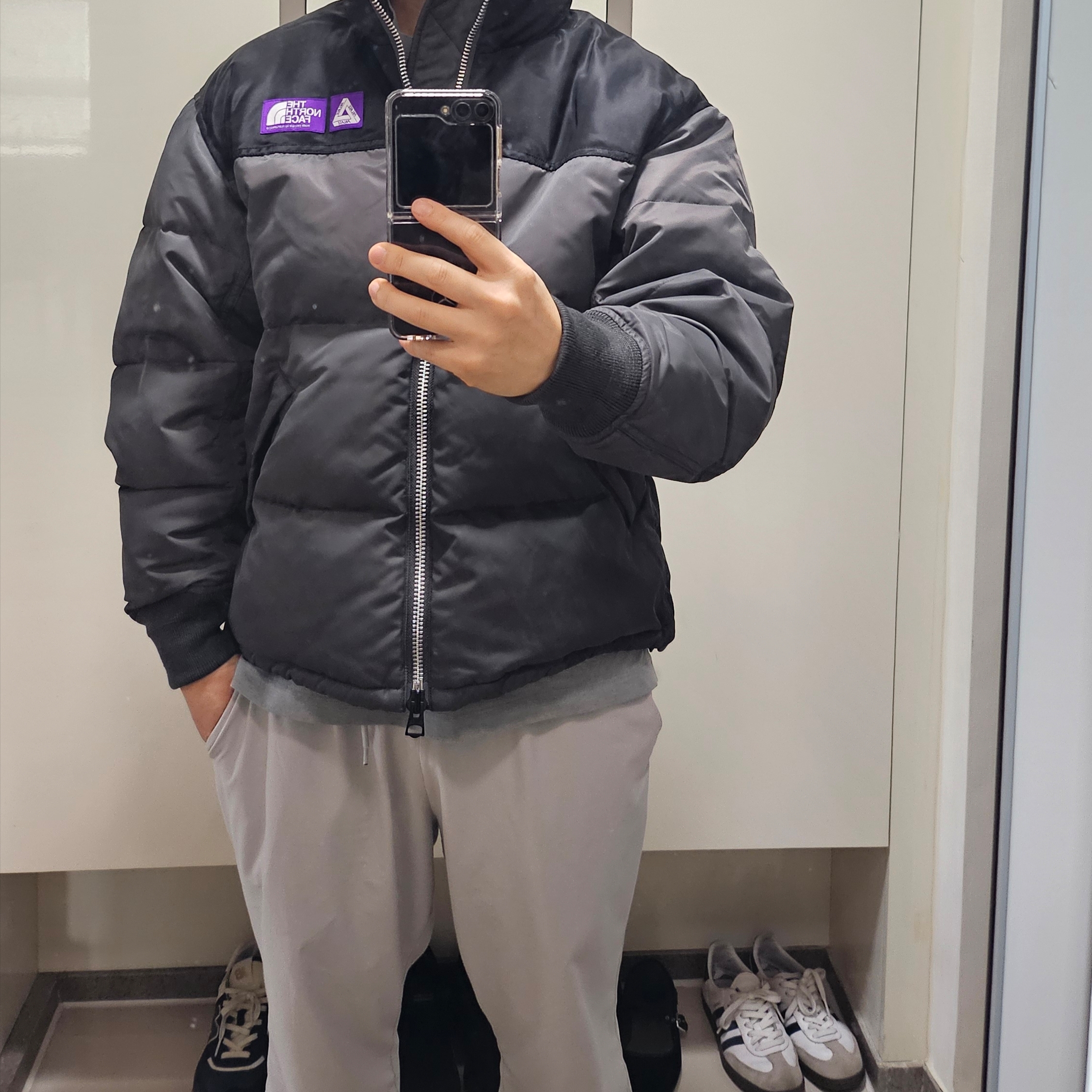 Palace x The North Face Purple Label Windstopper Field Down Jacket Asphalt Gray - 25FW 착용 스타일 - 3