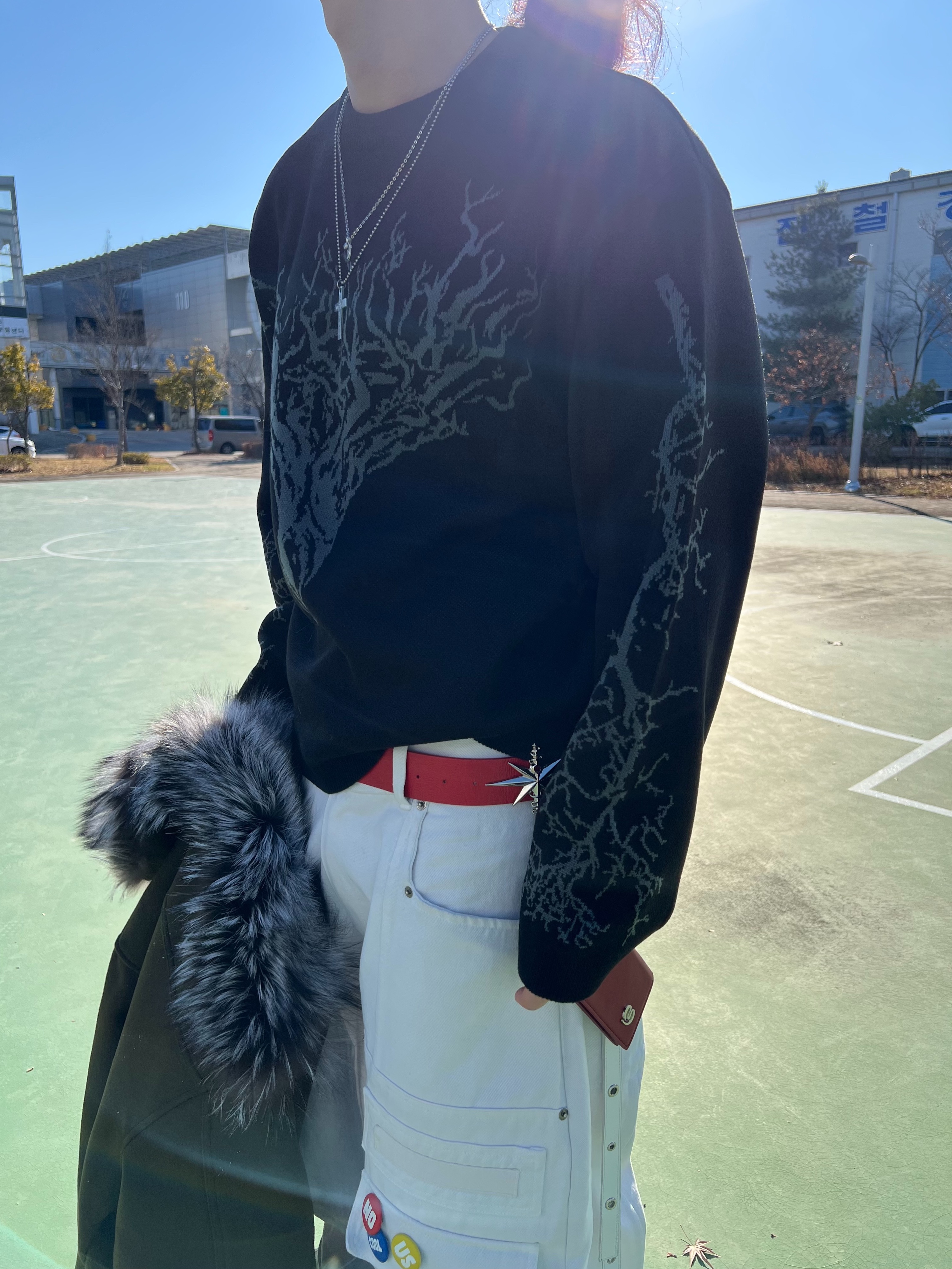 Nos Couleurs x Koin x Llud Rivet Carpenter Pants White, Undermycar Code Name Valkyrie Silver Fox Collar Virgin Wool Jacket Olive - 24FW 착용 스타일 - 6