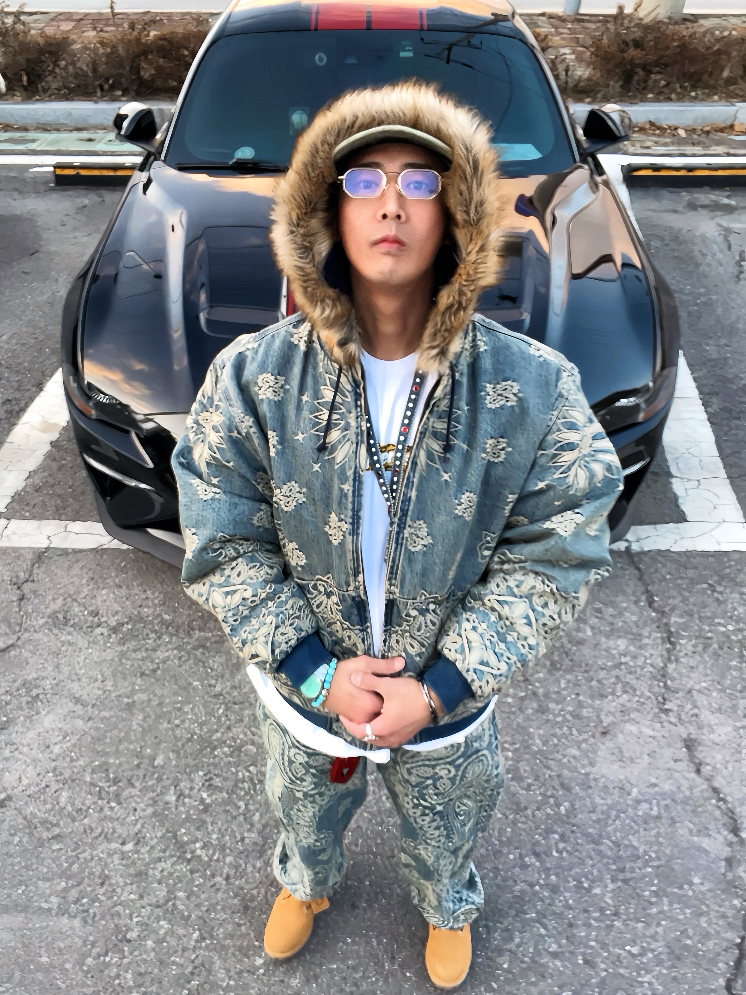 Supreme Bandana Jacquard Denim Camp Cap Blue - 25SS, Supreme Bandana Jacquard Denim Hooded Work Jacket Blue - 25SS 착용 스타일