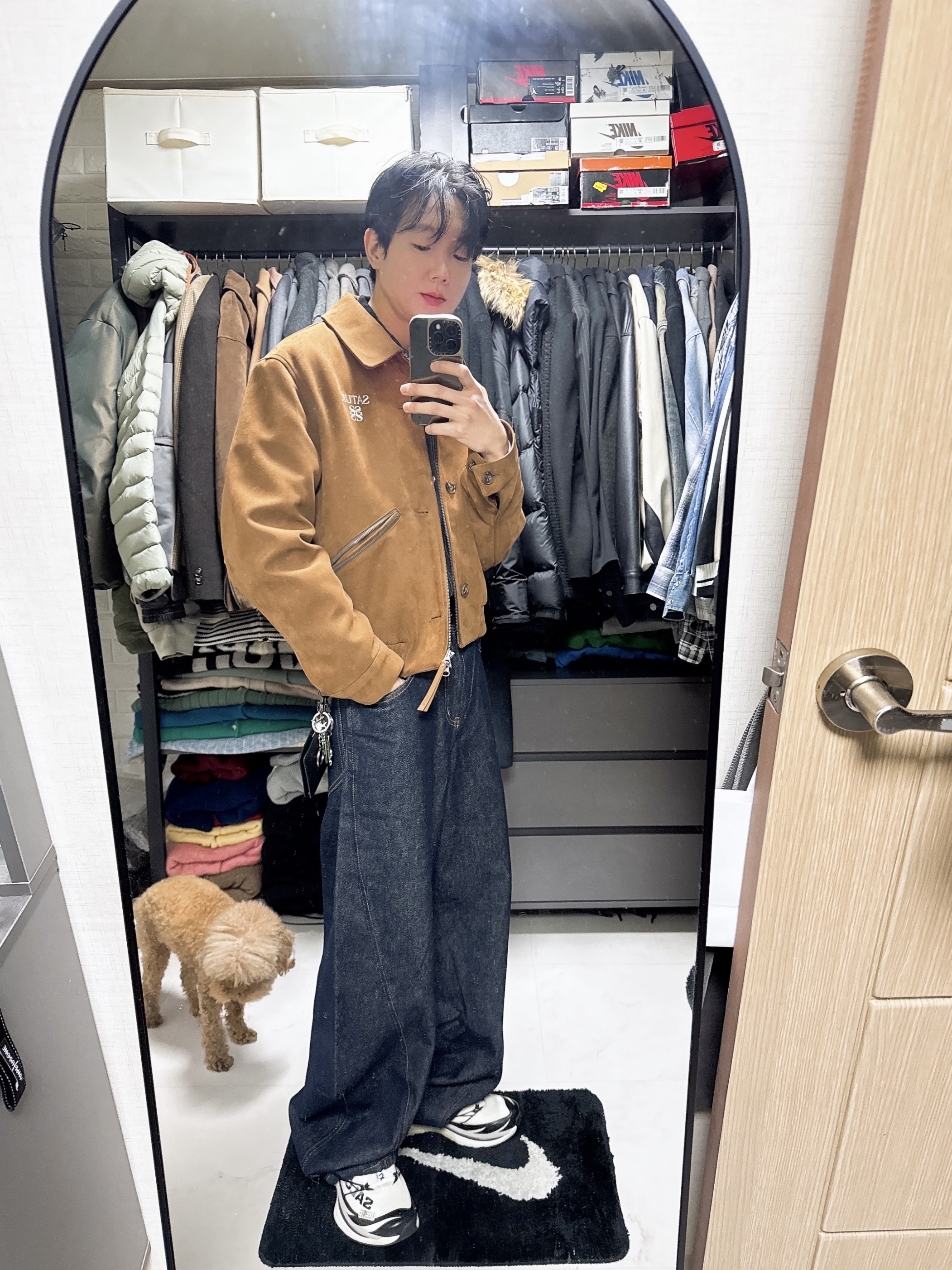 Salomon x MM6 Masion Margiela XT-MM6 Vanilla Ice Black, SATUR Teo Faux Suede Short Jacket Camel Brown 착용 스타일 - 1