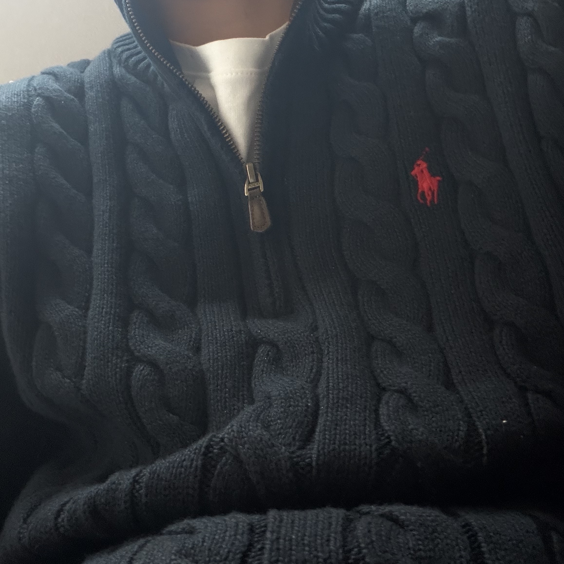 [10%적립] Polo Ralph Lauren Cable Knit Cotton Quarter Zip Sweater Hunter Navy - 26SS 착용 스타일