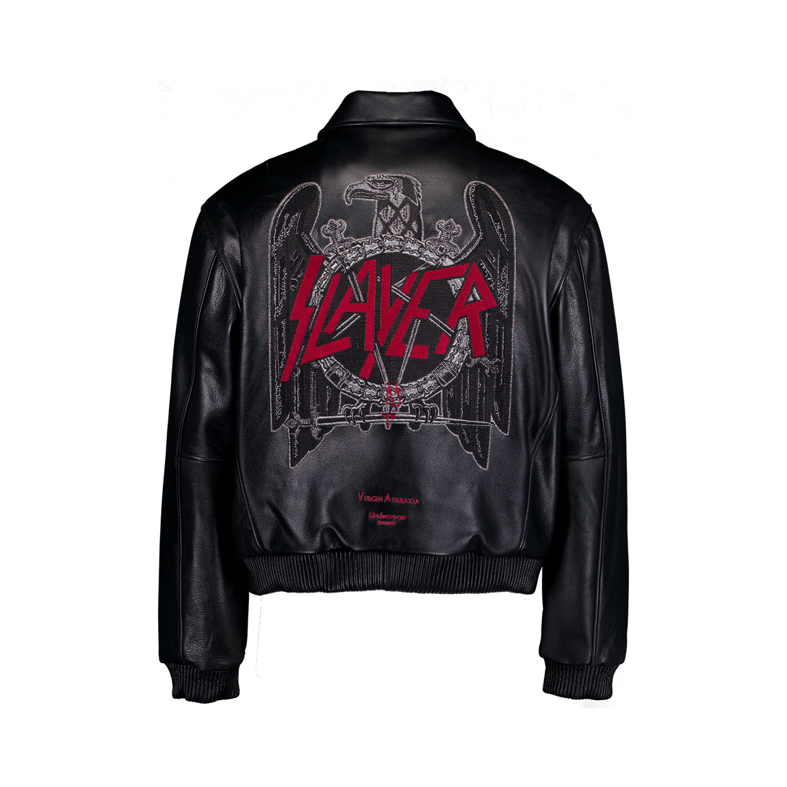 슬레이어 언더마이카 블랙 이글 엠브로이더드 앤틱 브로치 레더 재킷 블랙(SLAYER Undermycar Black Eagle Embroidered Antique Brooch Leather Jacket Black)