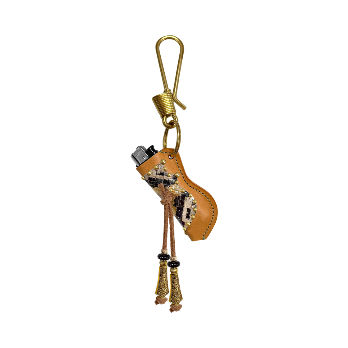 DN-LTR-12 DIRT NAP Brass Tassel Leather Lighter Holder Keyring Beige