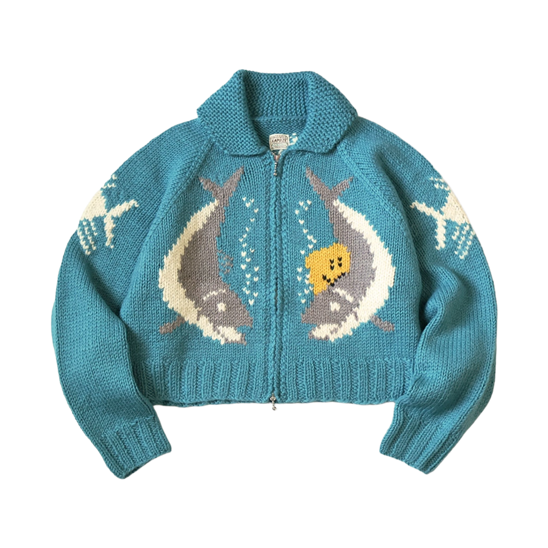 캐피탈 핸드 니티드 패키쉬 트라우트 집 볼레로 터콰이즈(Kapital Hand Knitted Peckish Trout Zip Bolero Turquoise) - 1