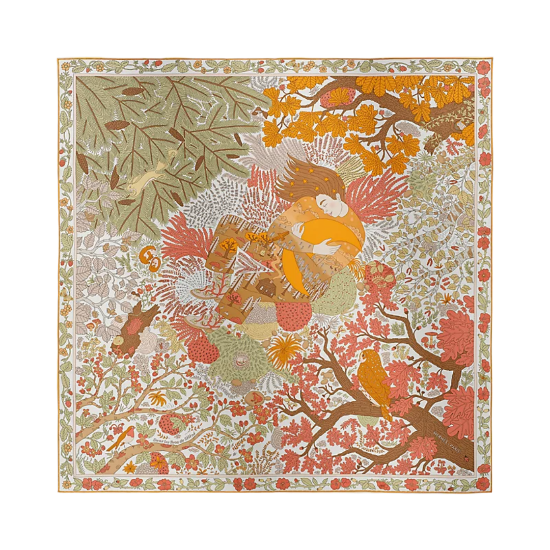 H004284S03 (W) Hermes Dans Les Bras De Selene Scarf 90 Vert Amande Bouton D'or Blanc