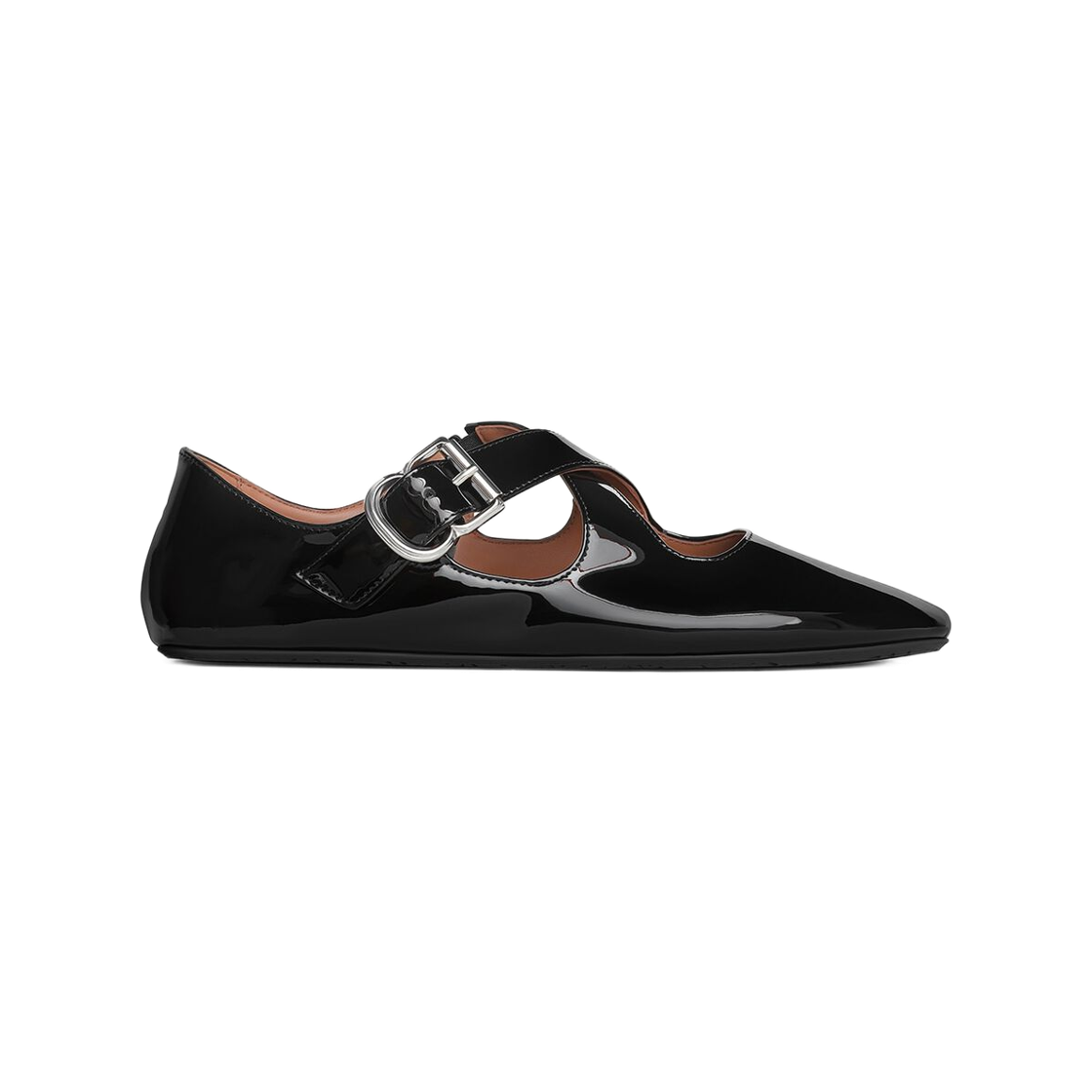 (W) 알라이아 페이턴트 카프스킨  크리스 크로스 발레 플랫 블랙((W) Alaia Criss Cross Ballet Flats in Patent Calfskin Black)
