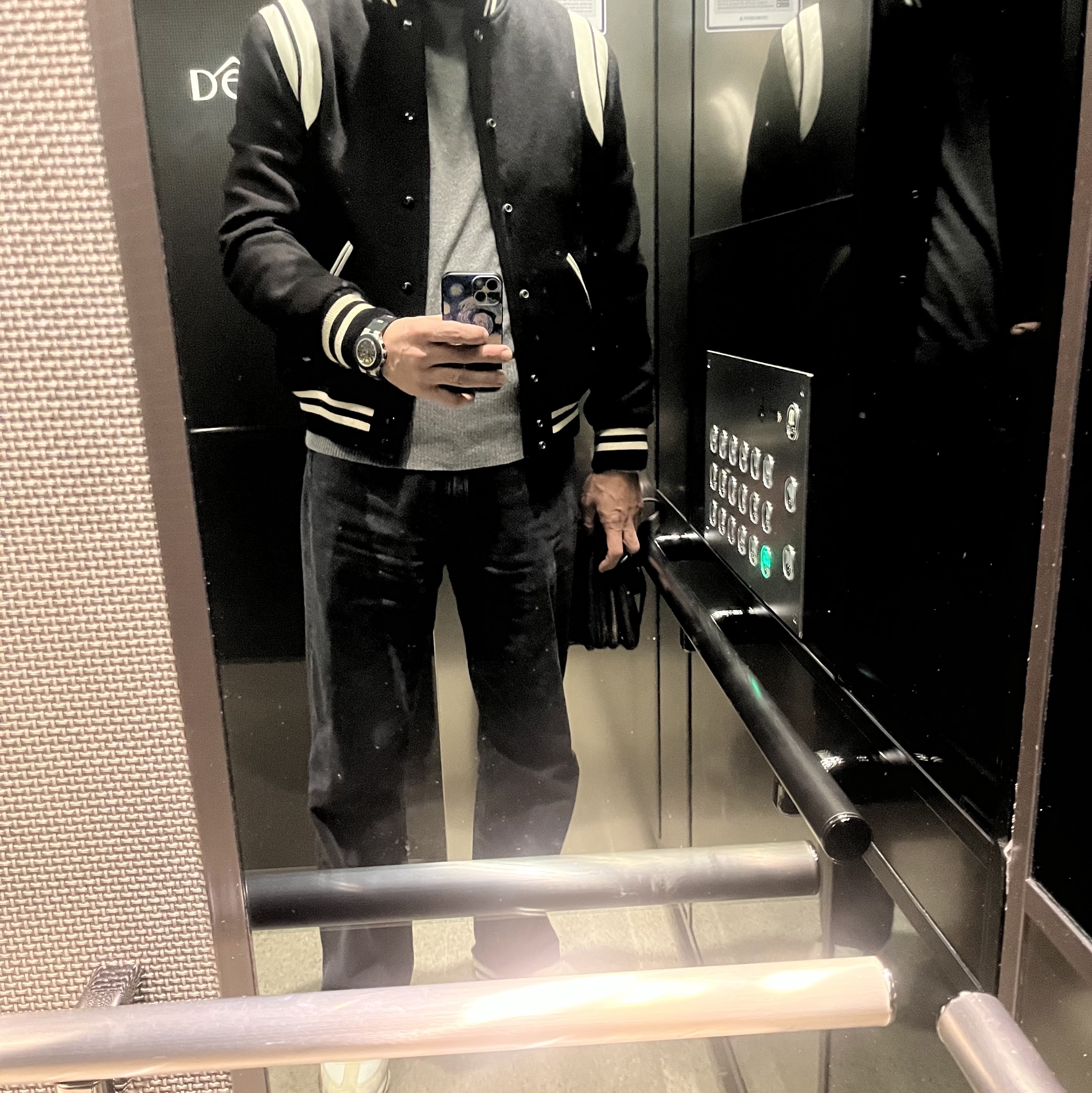 Saint Laurent Teddy Jacket in Wool Black White 착용 스타일