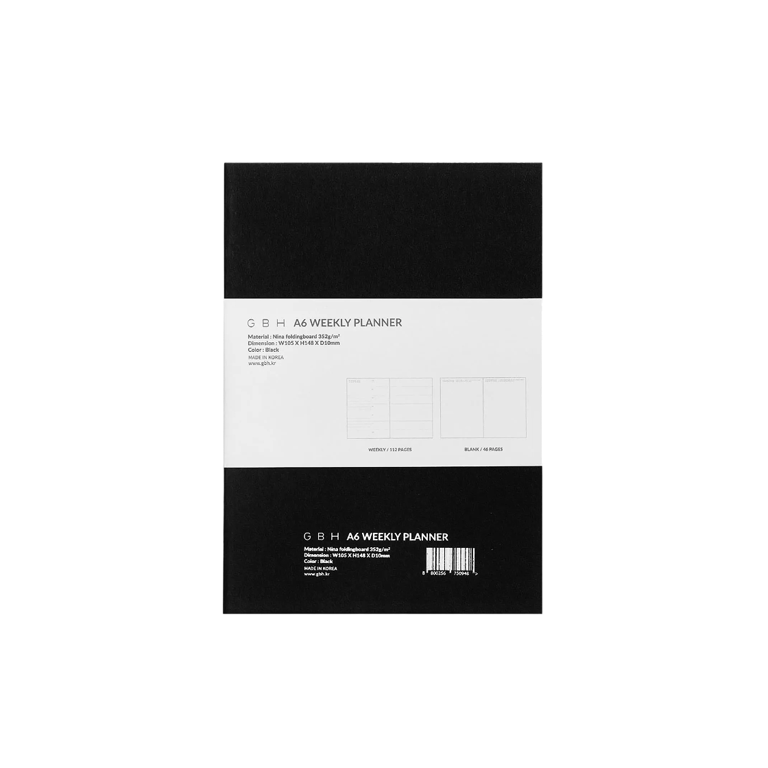 8800256750948 GBH HOME A6 Weekly Planner Black