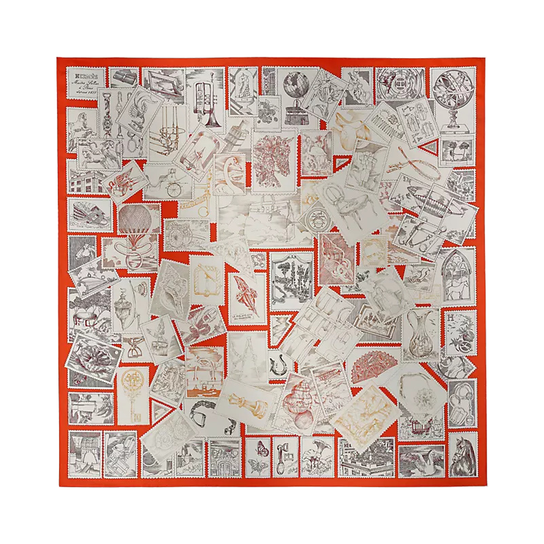 H004205S09 (W) Hermes Le Philateliste Du Faubourg Scarf 90 Vermillon Creme Lie De Vin