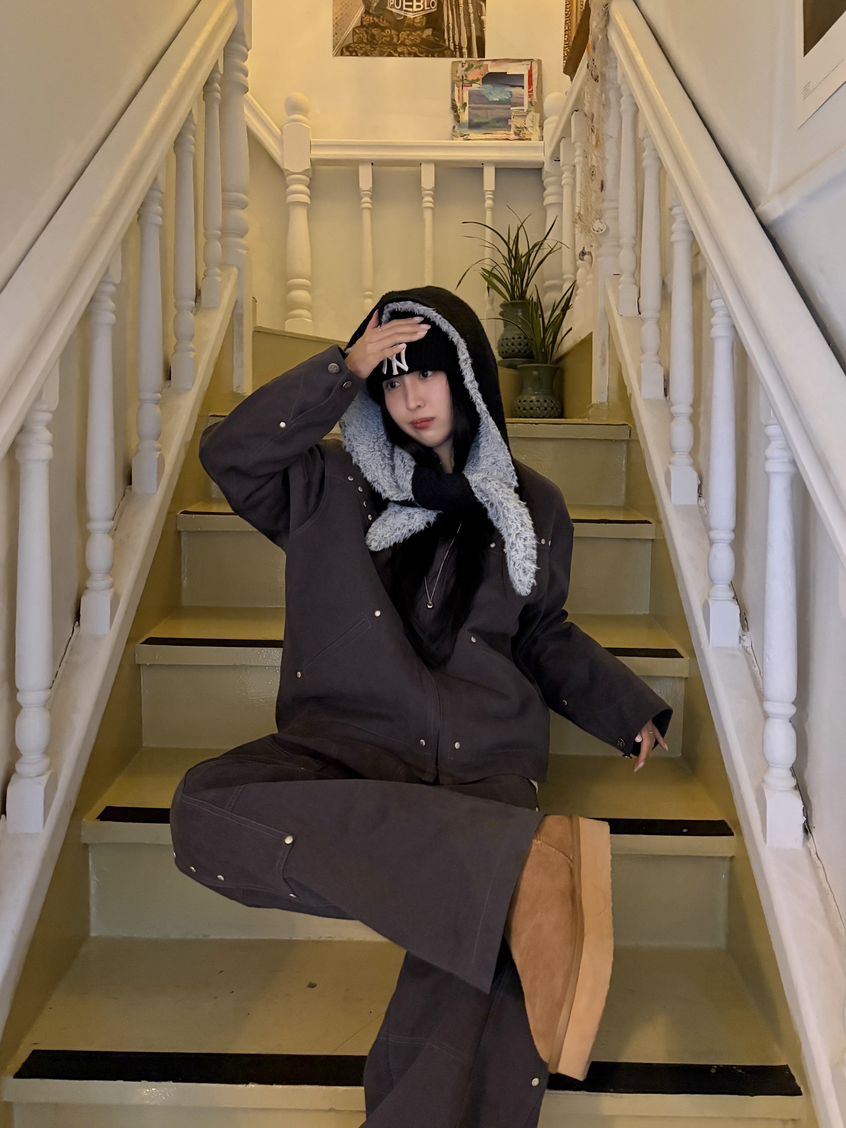 Riomeu Double knee Western Twill Cotton Pants Charcoal, Riomeu Western Twill Washed Work Jacket Charcoal 착용 스타일