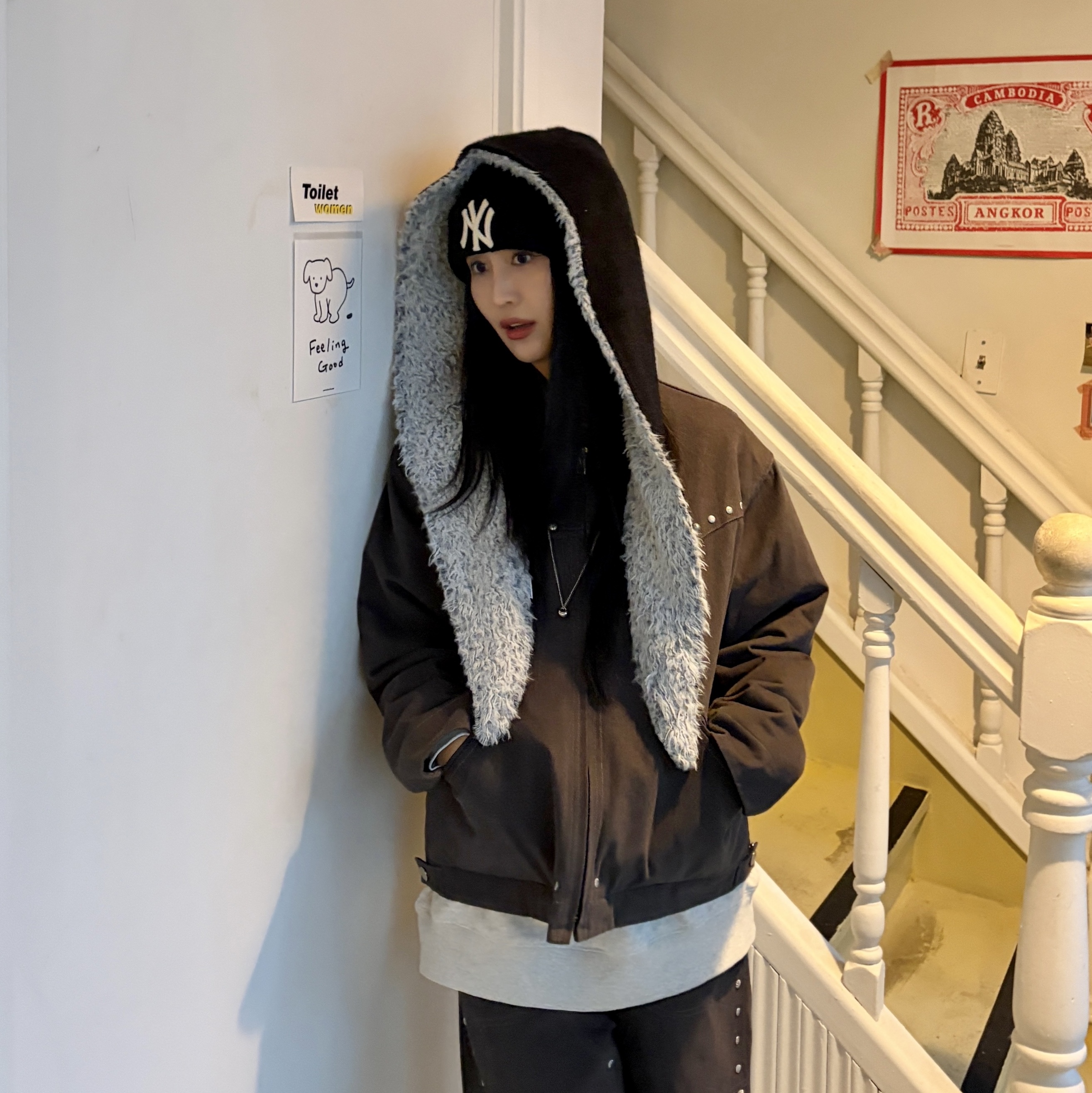 Riomeu Western Twill Washed Work Jacket Charcoal, Riomeu Bolding Long Drop Chain Necklace 착용 스타일