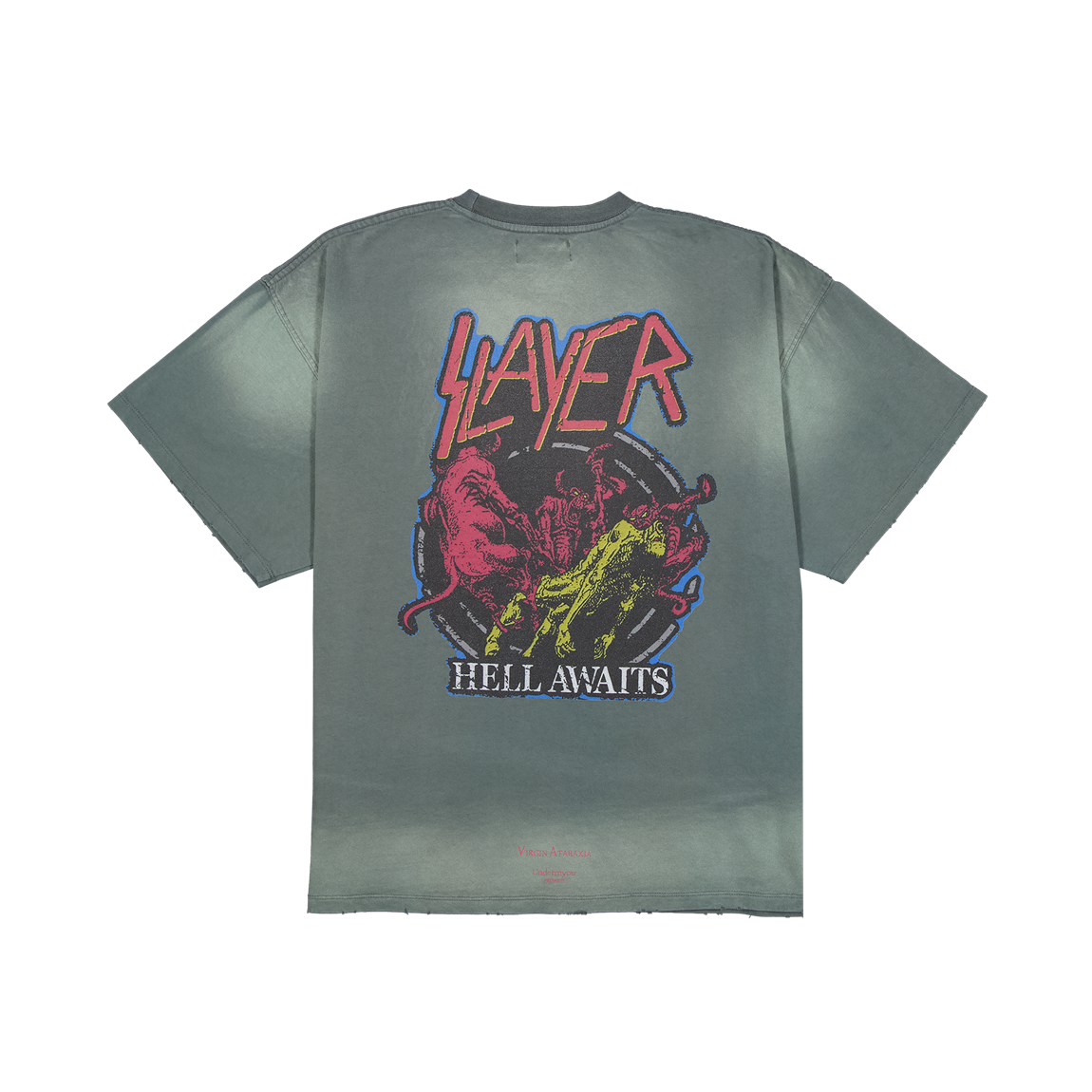 슬레이어 언더마이카 헬 어웨이츠 빈티지 워시드 티셔츠 카키(SLAYER Undermycar Hell Awaits Vintage Washed T-Shirts Khaki)