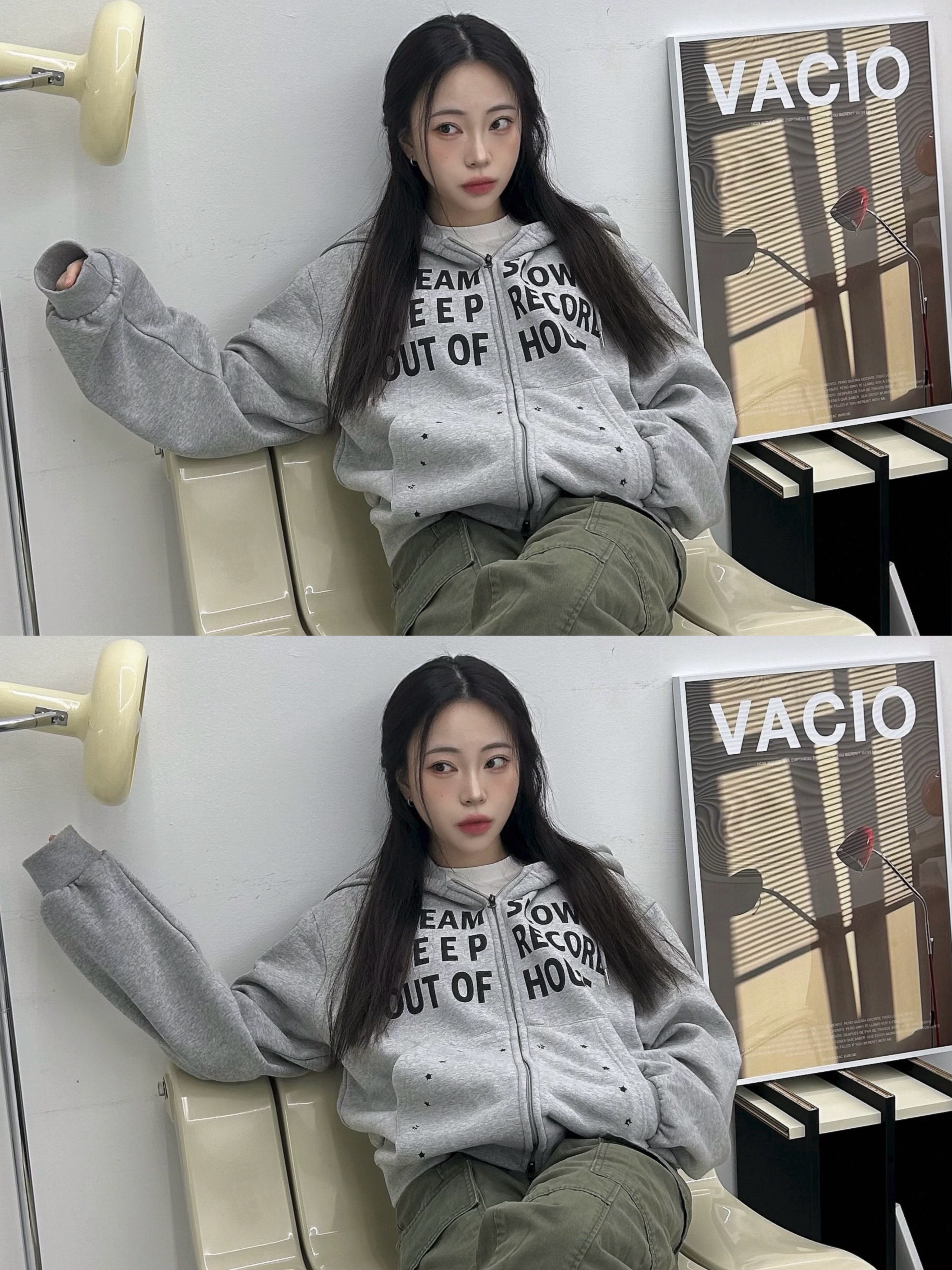 SLOW RECORD HOUSE Typo Star Hood Zip-Up Grey 착용 스타일 - 1