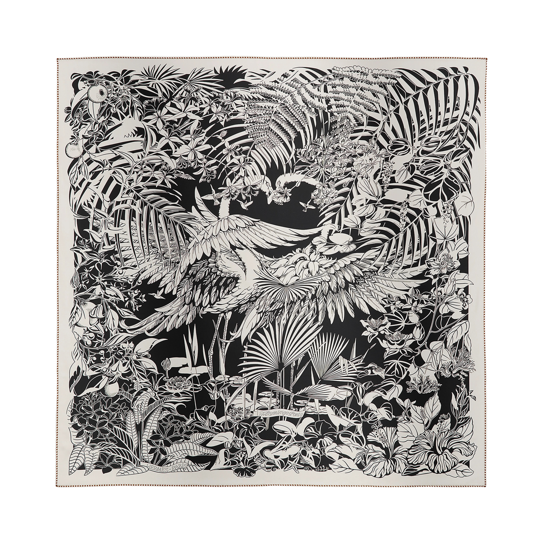 H902898S01 (W) Hermes Flamingo Party Tattoo Double Face Scarf 90 Noir Blanc Vert