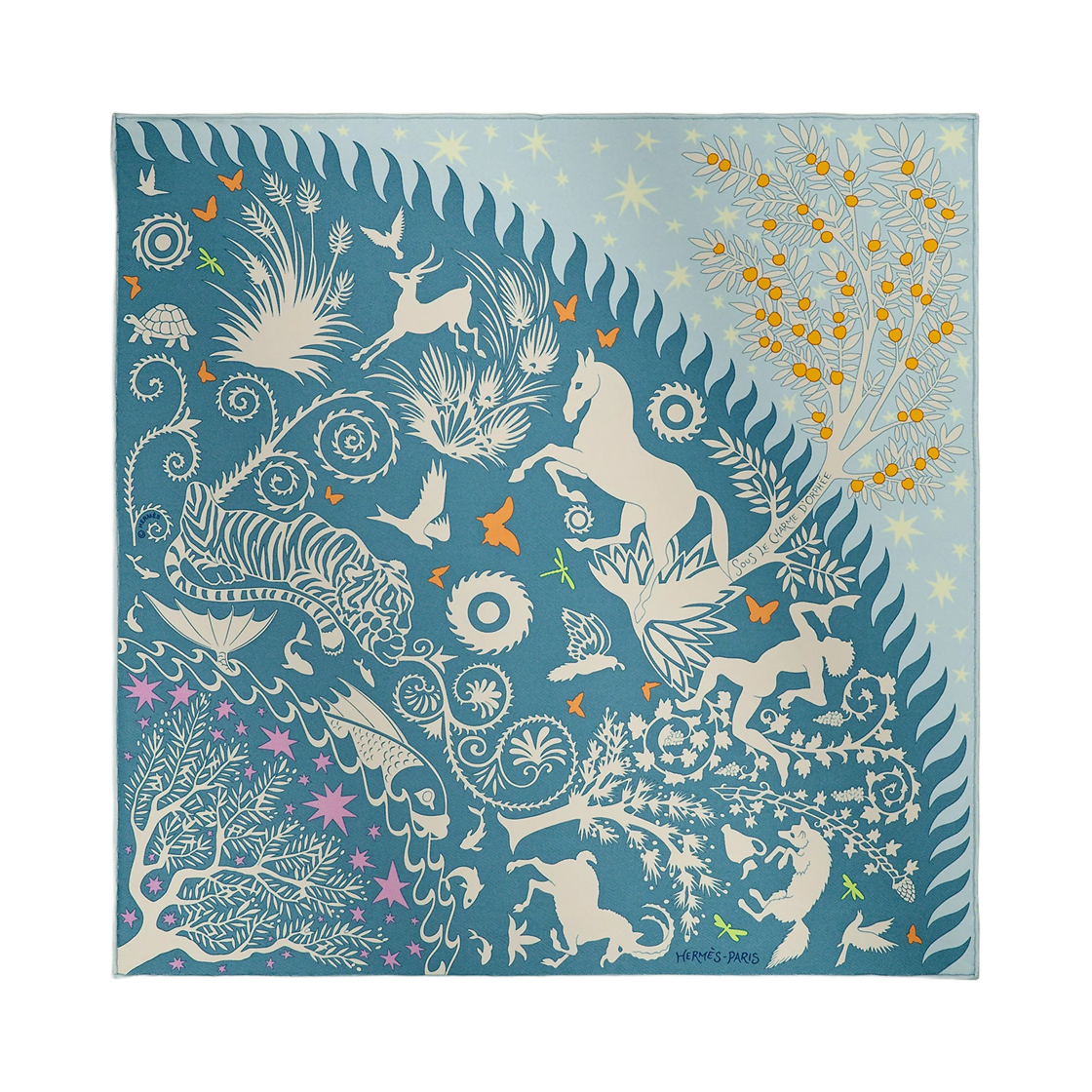 H894358S03 Hermes Sous Le Charme D'Orphee Detail Scarf 45 Ciel Bleu Jean Bouton D'Or