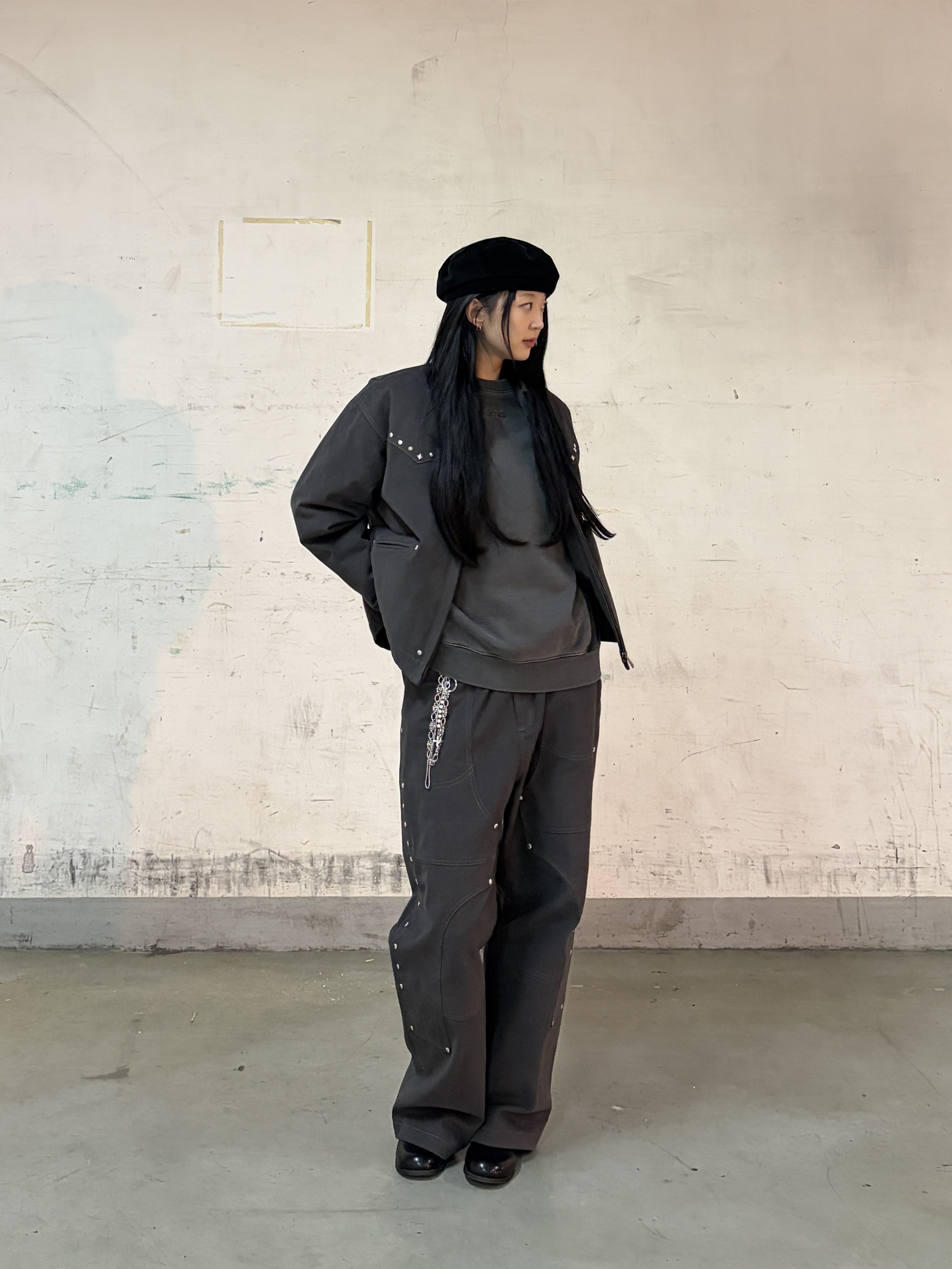 Riomeu Western Twill Washed Work Jacket Charcoal, Riomeu Double knee Western Twill Cotton Pants Charcoal 착용 스타일 - 1