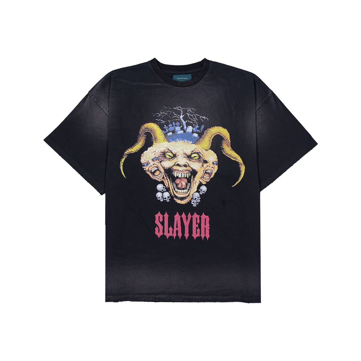 슬레이어 언더마이카 트리플 고트 헤드 빈티지 워시드 티셔츠 블랙(SLAYER Undermycar Triple Goat Head Vintage Washed T-Shirts Black)