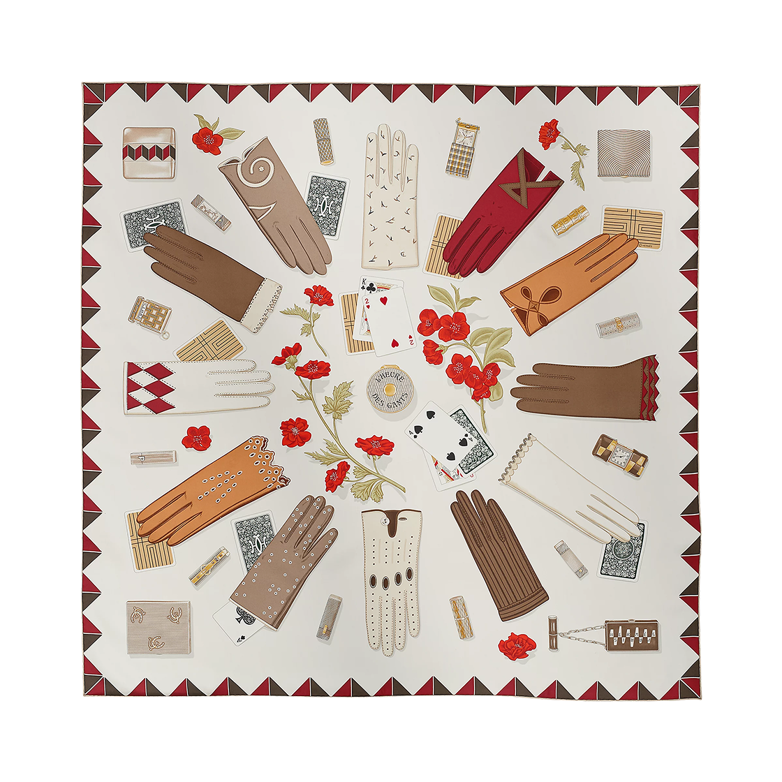 (W) 에르메스 뢰르 데 강 스카프 90 블랑 카세 에뚜쁘 루즈 아쉬((W) Hermes L'Heure des Gants Scarf 90 Blanc Casse Etoupe Rouge H)