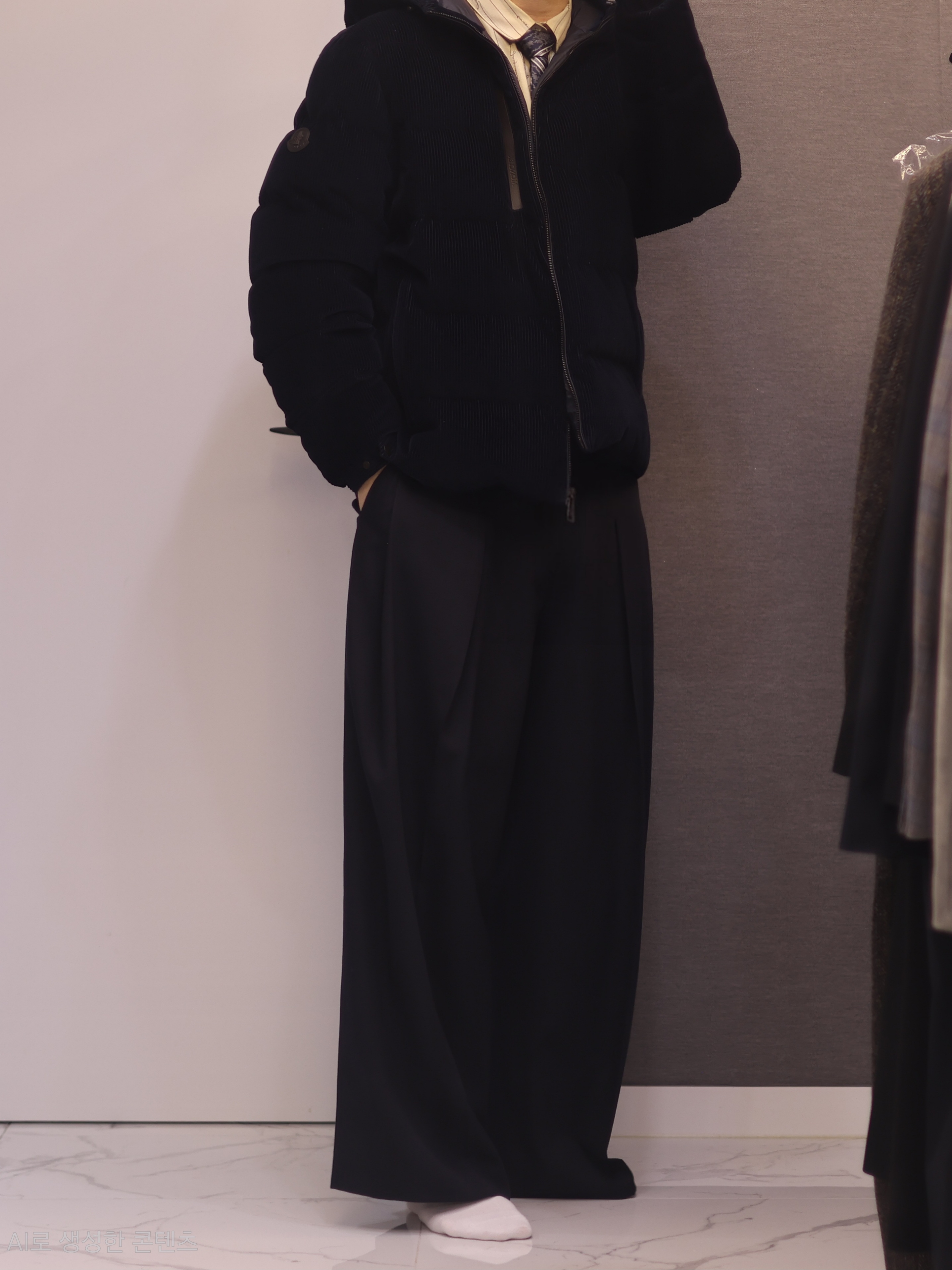 C.P. Company Korea Exclusive D.D. Shell Hooded Down Jacket Lunar Rock - 25FW, Wooyoungmi Wool Wide Folding Pants Black - 25SS 착용 스타일 - 6