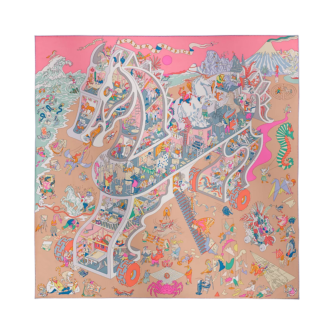 H004281S06 Hermes Academia Hippica Scarf 90 & Rose Bonbon Gris Bleute Multicolore