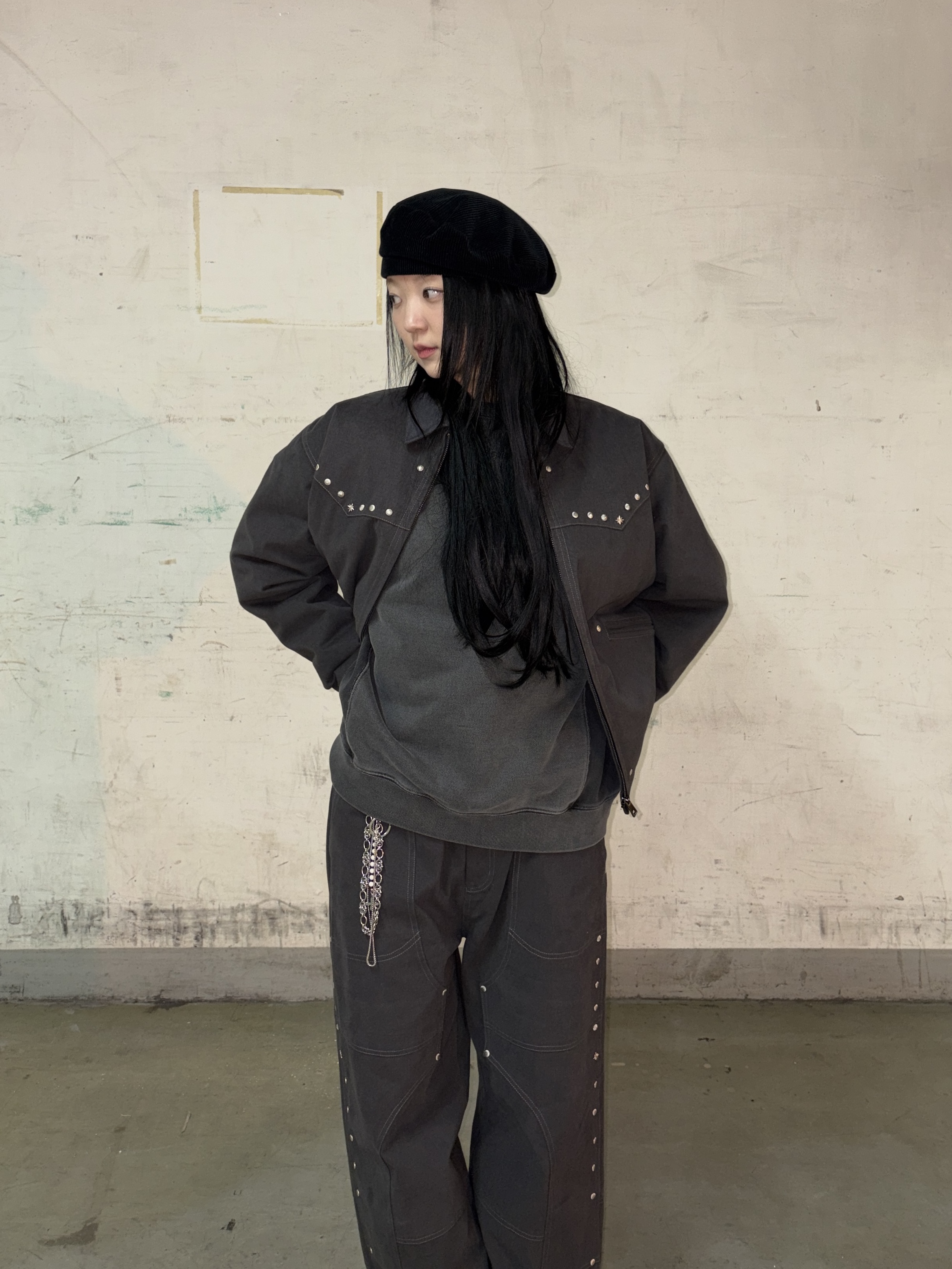 Riomeu Western Twill Washed Work Jacket Charcoal, Riomeu Double knee Western Twill Cotton Pants Charcoal 착용 스타일 - 2