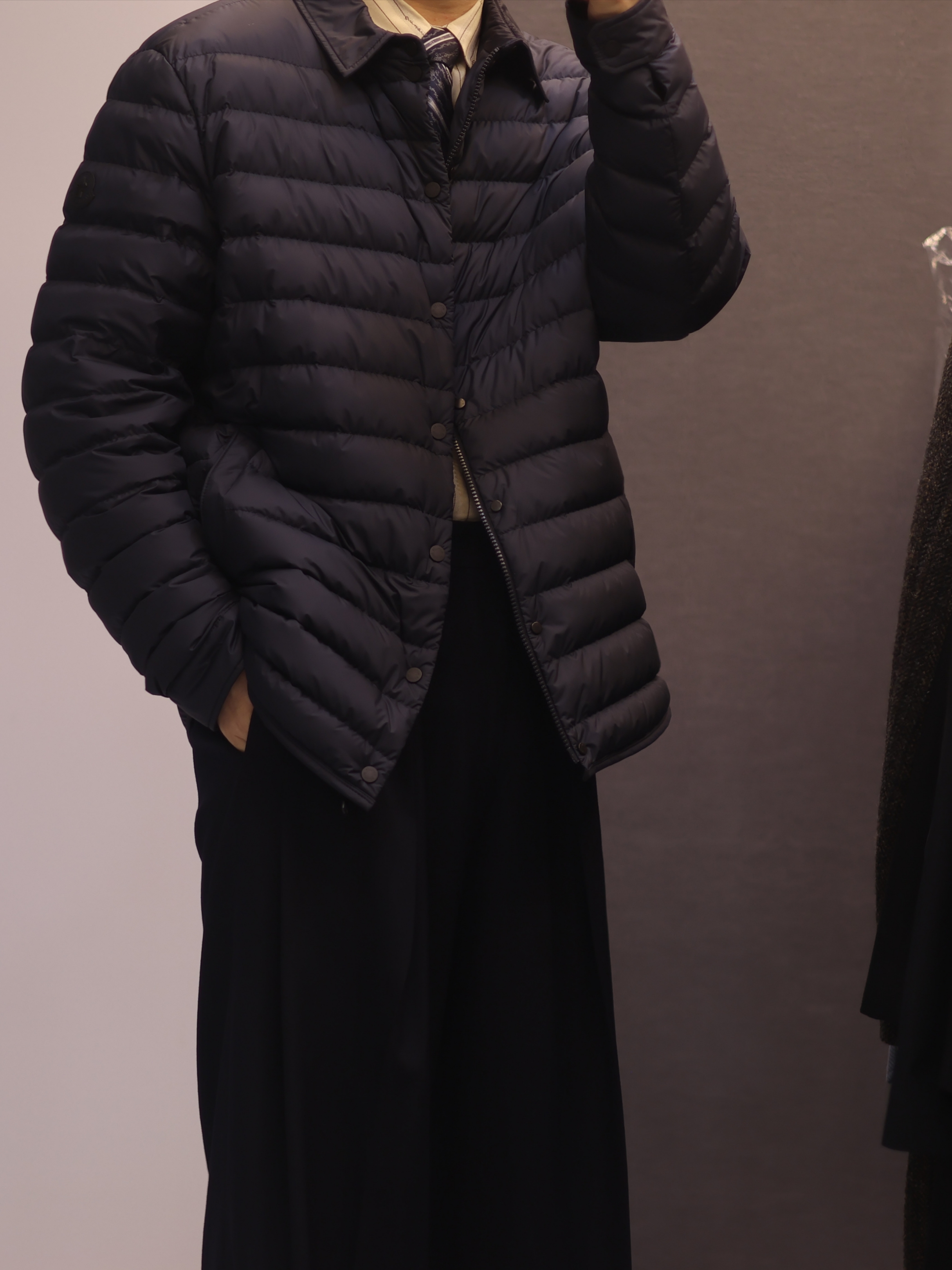 C.P. Company Korea Exclusive D.D. Shell Hooded Down Jacket Lunar Rock - 25FW, Wooyoungmi Wool Wide Folding Pants Black - 25SS 착용 스타일 - 4