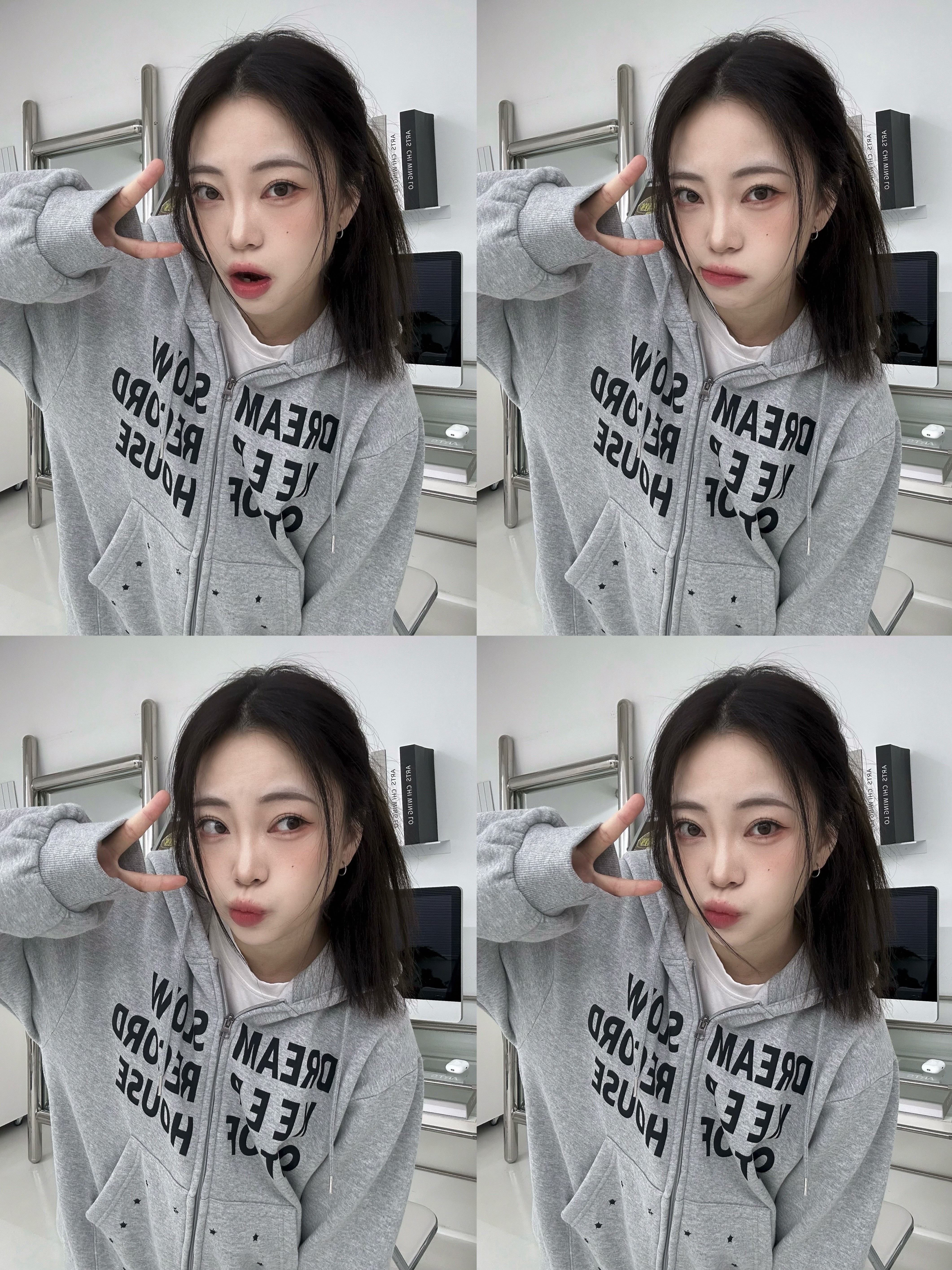 SLOW RECORD HOUSE Typo Star Hood Zip-Up Grey 착용 스타일 - 2