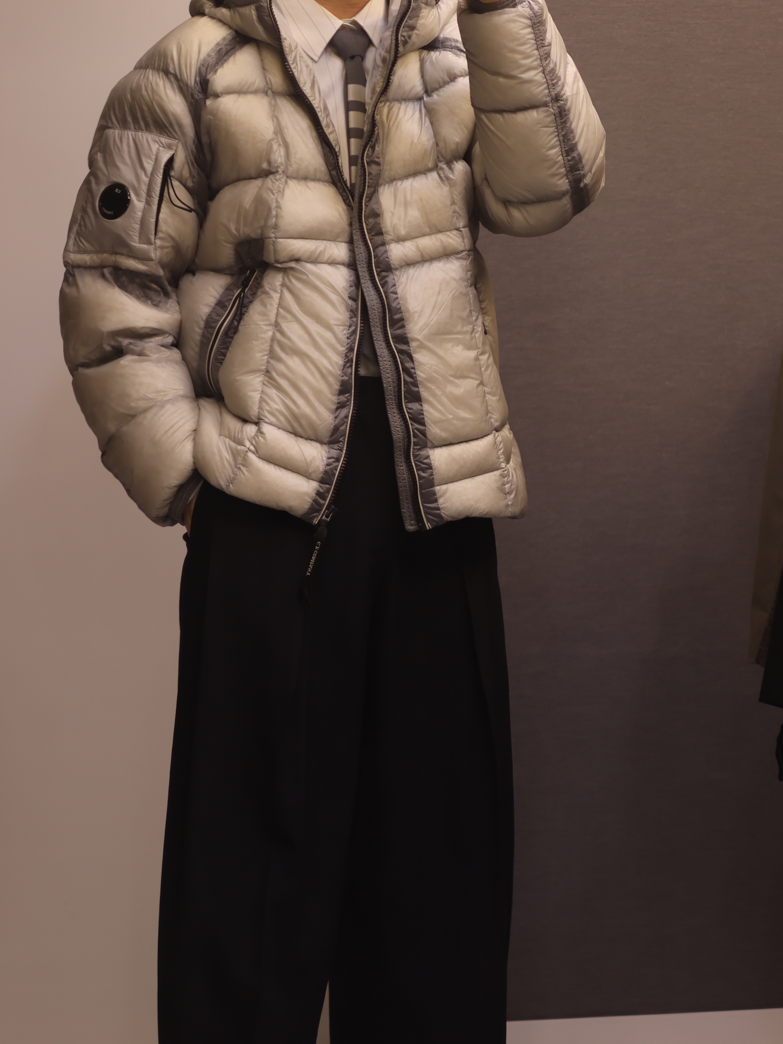 C.P. Company Korea Exclusive D.D. Shell Hooded Down Jacket Lunar Rock - 25FW, Wooyoungmi Wool Wide Folding Pants Black - 25SS 착용 스타일 - 1