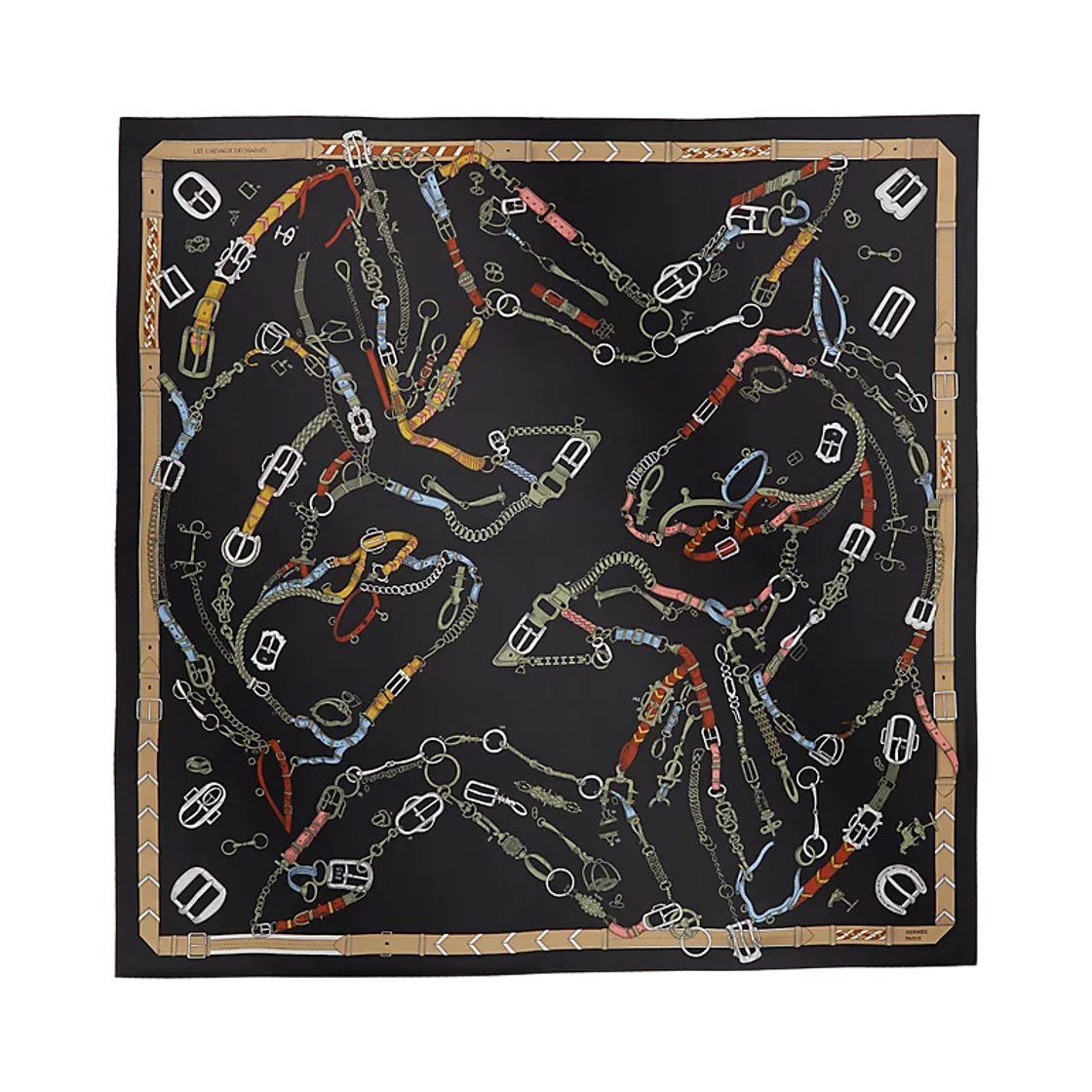 H004096S07 (W) Hermes Les Chevaux Dechaines Scarf 90 Noir Kaki Gris