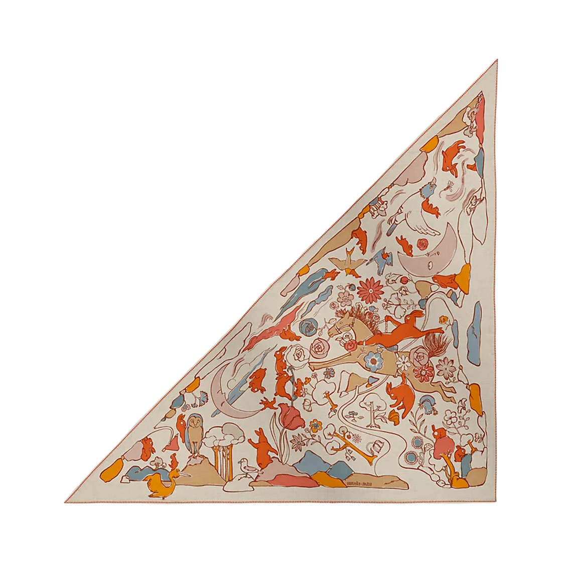 H364007S02 (W) Hermes Mille Et Un Lapins Triangle Cashmere Silk Naturel Orange Cuit Bleu Clair