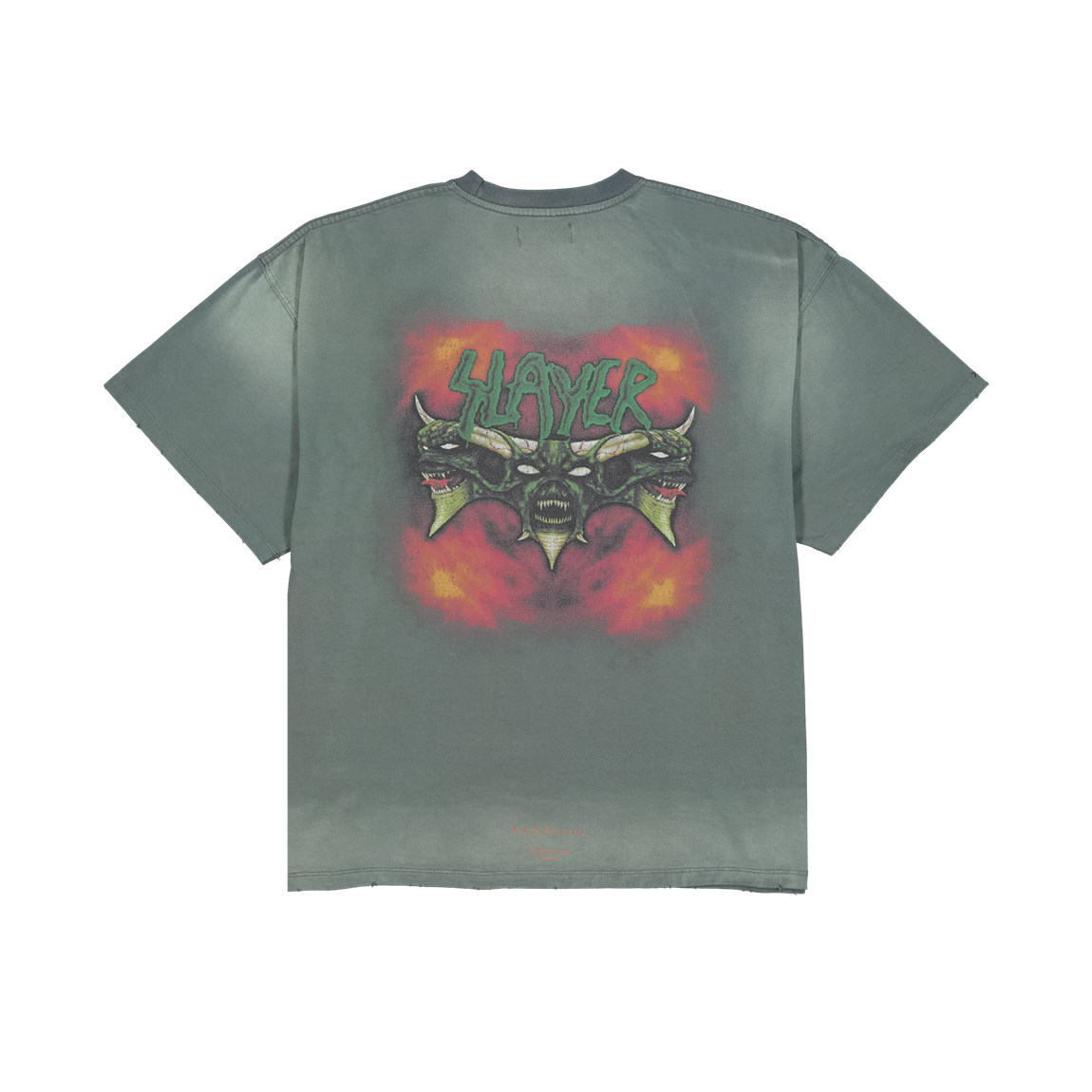 슬레이어 언더마이카 데몬 헤즈 인 플레임즈 빈티지 워시드 티셔츠 카키(SLAYER Undermycar Demon Heads In Flames Vintage Washed T-Shirts Khaki)