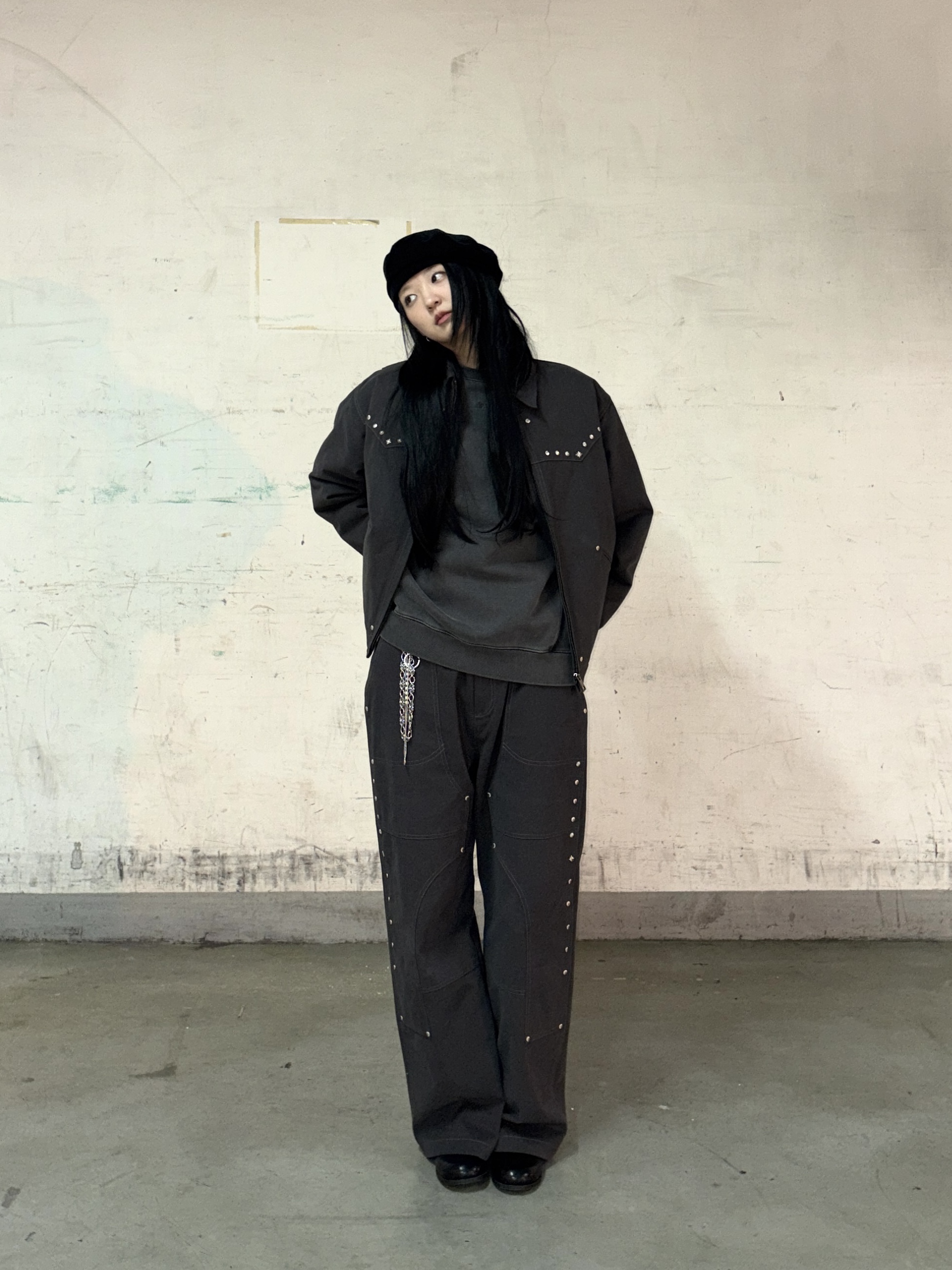 Riomeu Western Twill Washed Work Jacket Charcoal, Riomeu Double knee Western Twill Cotton Pants Charcoal 착용 스타일 - 3