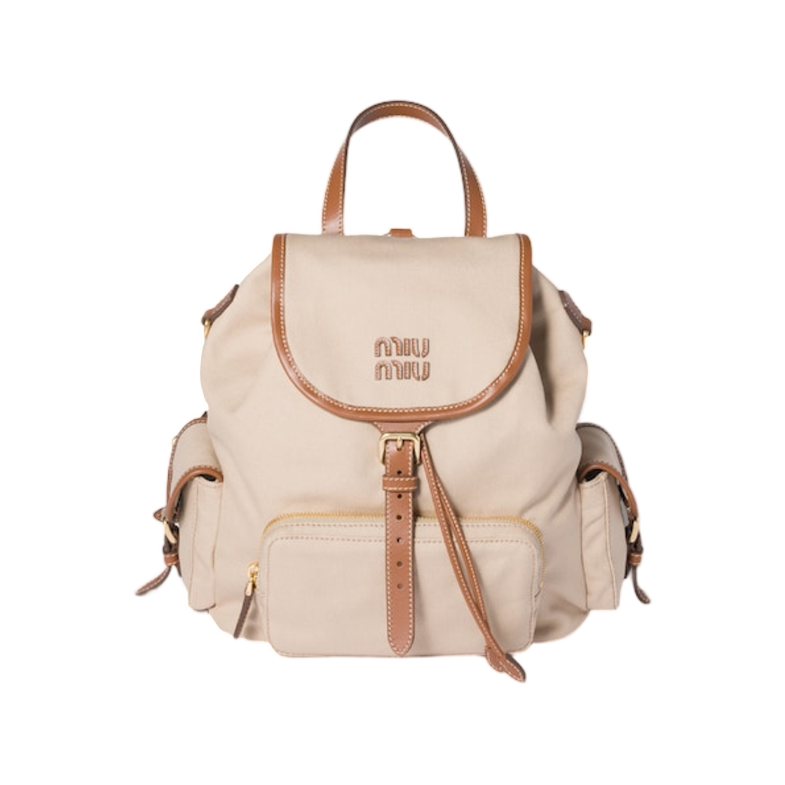 5BZ042-2IBQ-F0DAB Miu Miu Canvas and Leather Backpack Cord Beige Brandy