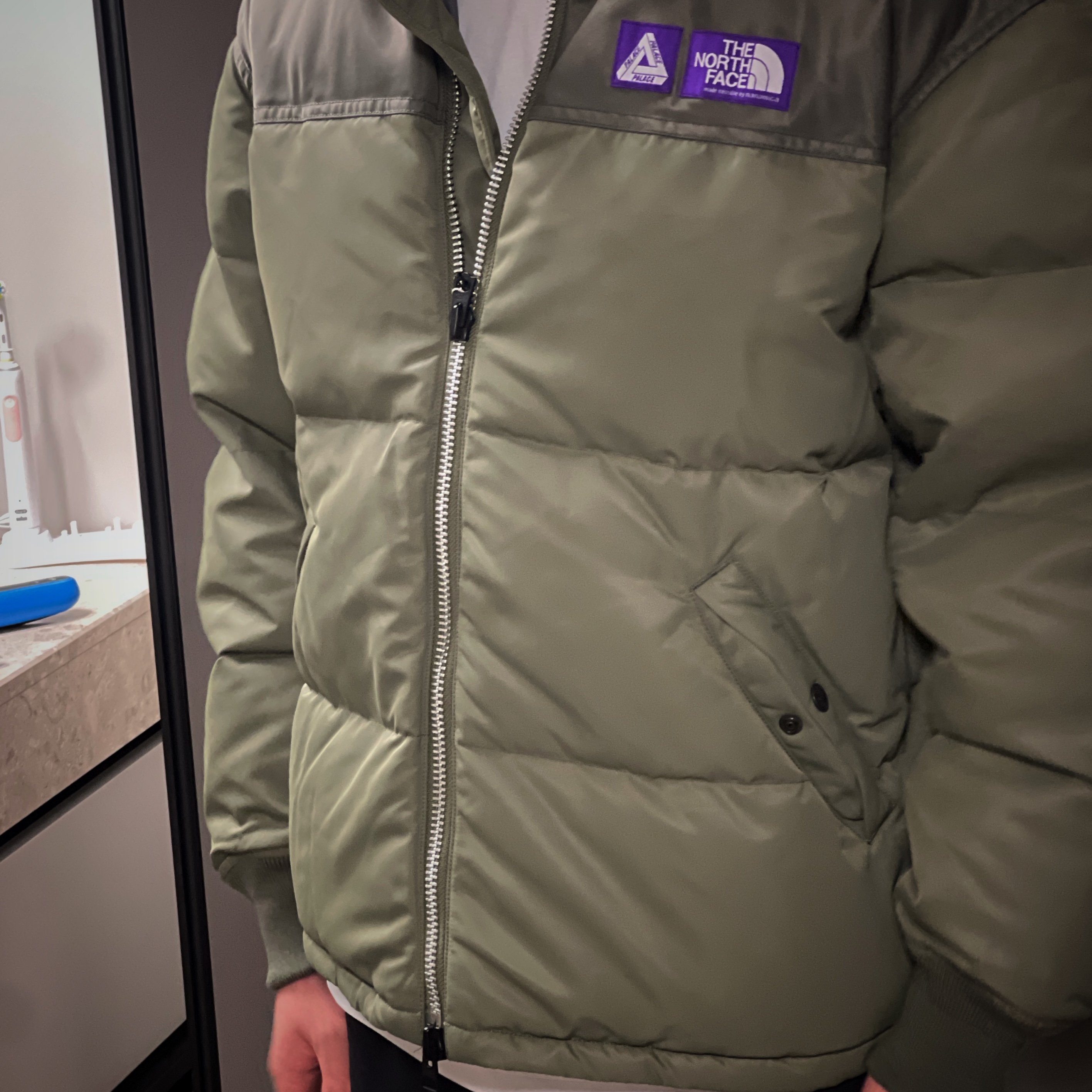 Palace x The North Face Purple Label Windstopper Field Down Jacket Sage Green - 25FW 착용 스타일 - 2