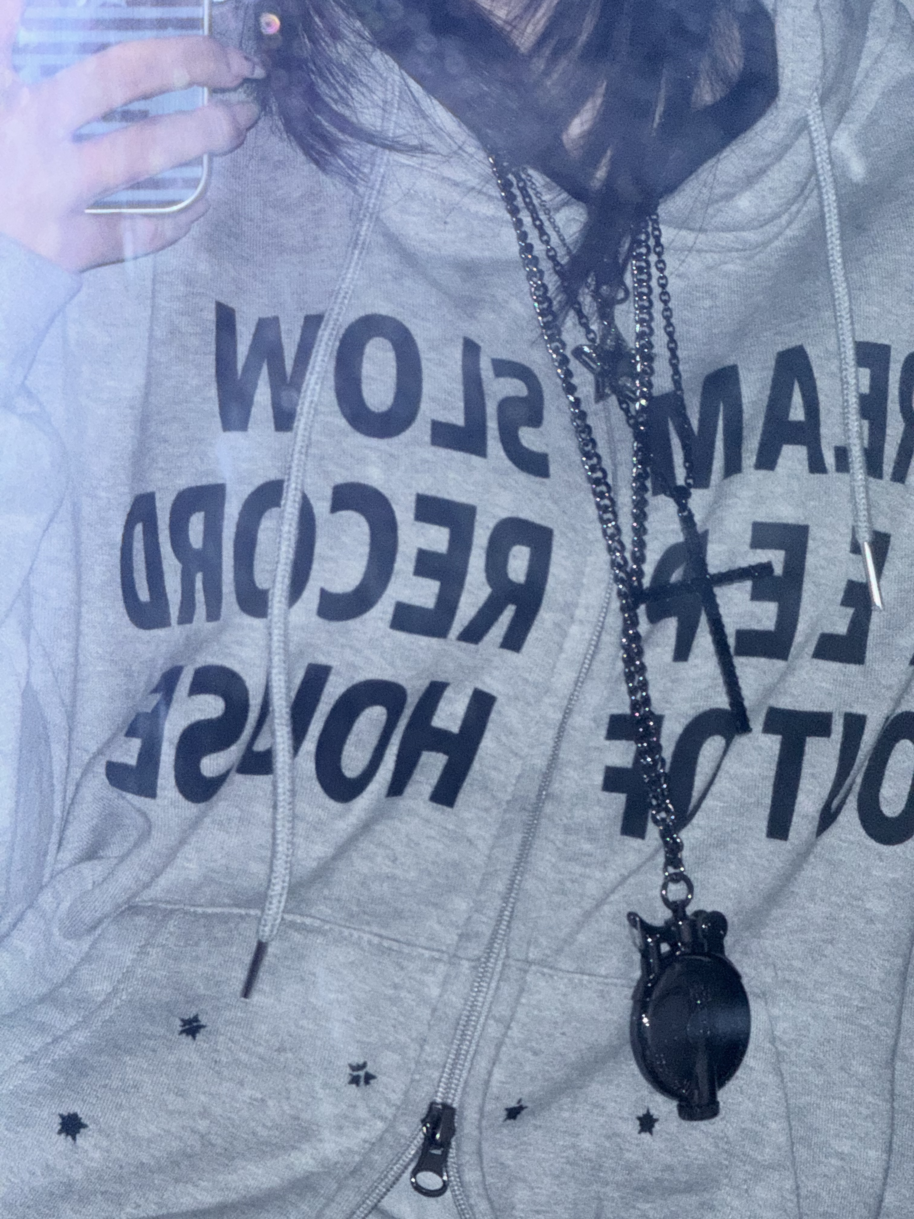 SLOW RECORD HOUSE Typo Star Hood Zip-Up Grey 착용 스타일 - 5