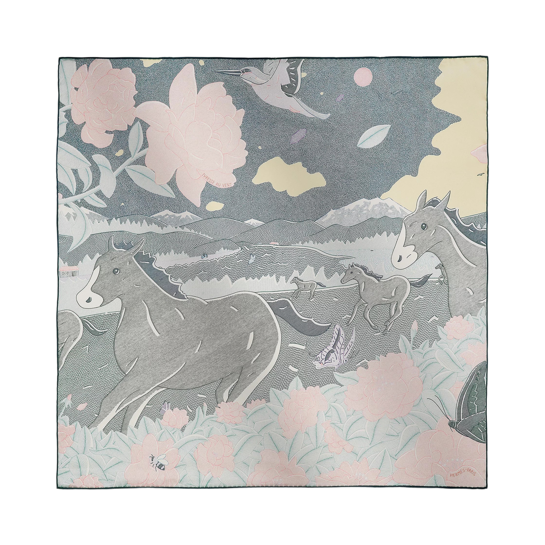 H984122S02 (W) Hermes Ivresse Au Vent Scarf 70 Bleu Rose Vert