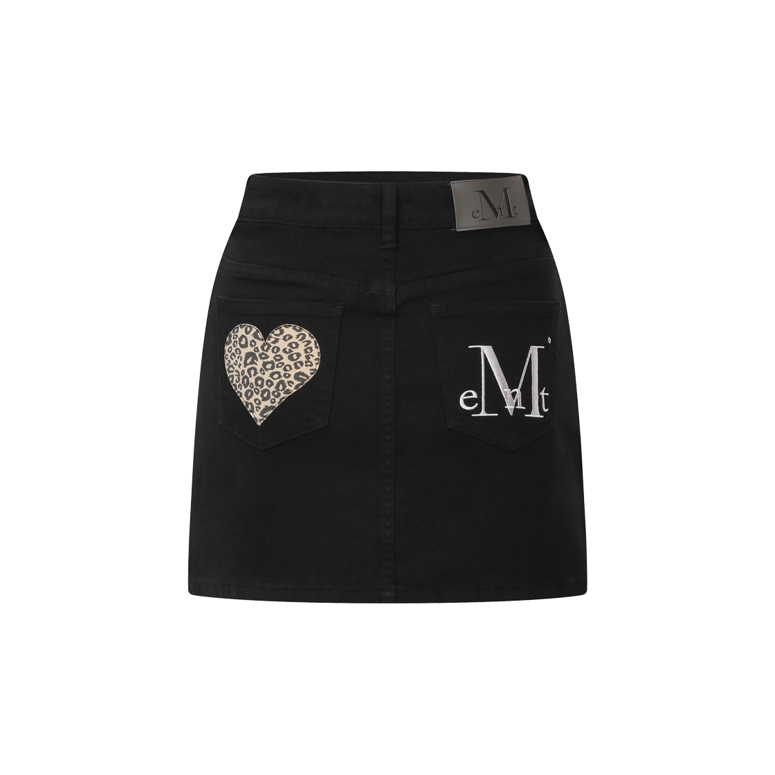 P0000BGC MUCENT Coron Back Leather Leopard Heart Patch Skirt Black