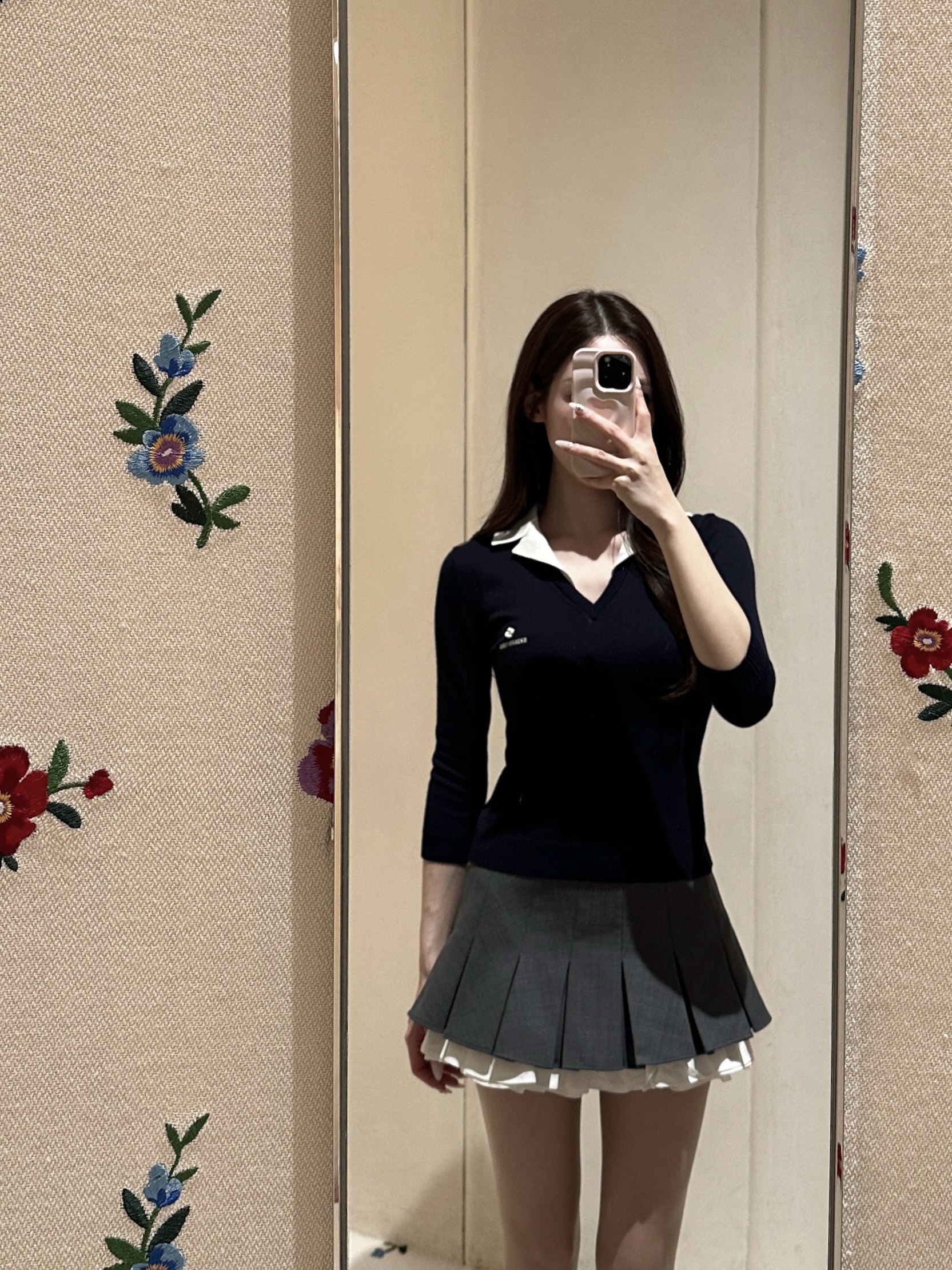 Shushu/Tong Women Patchwork Lapel Knit Top Navy Blue - 25SS 착용 스타일 - 2