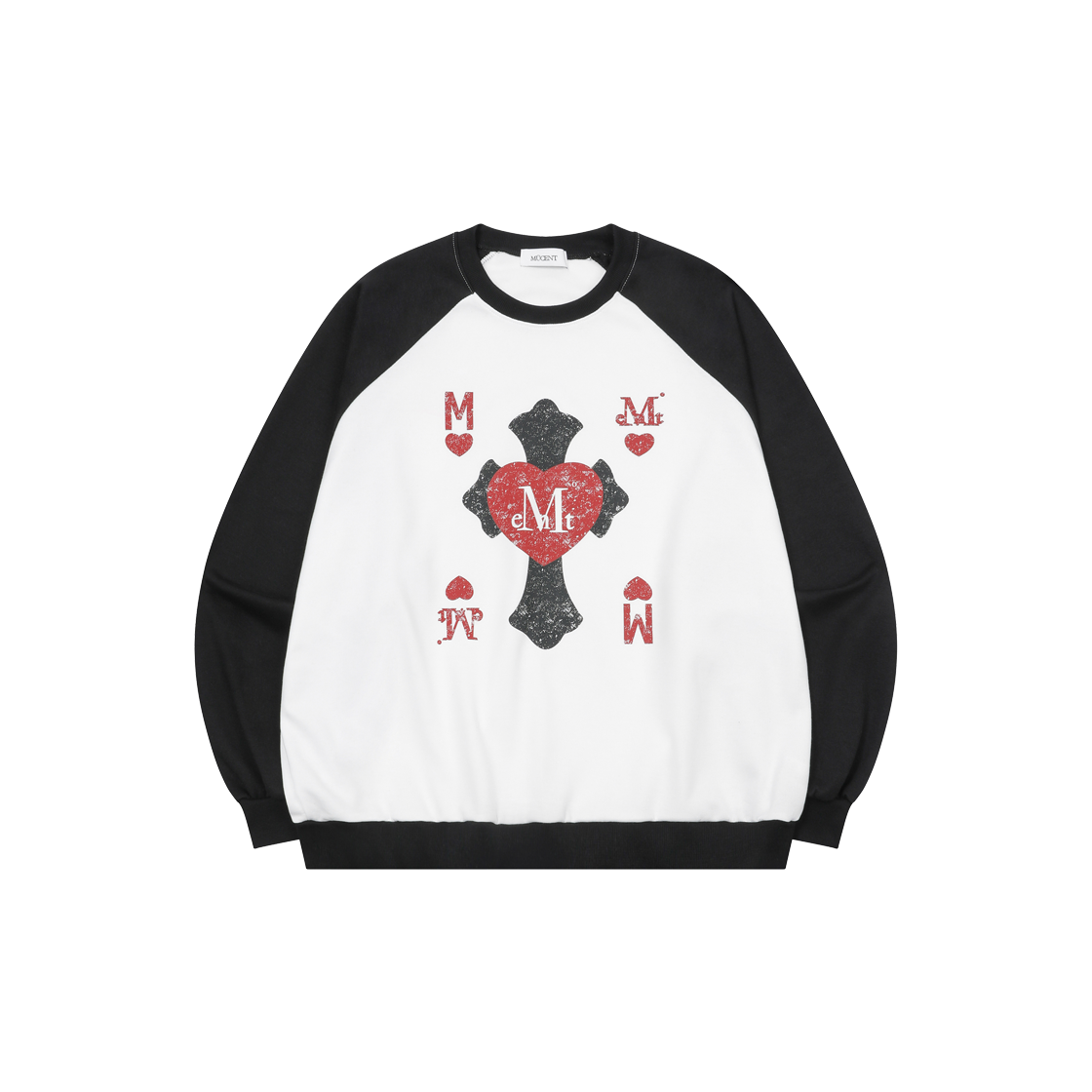 무센트 하트릭 크랙 하트 크로스 나그랑 배색 맨투맨 남녀공용 블랙(MUCENT Hatric Crack Heart Cross Raglan MTM Unisex Black)