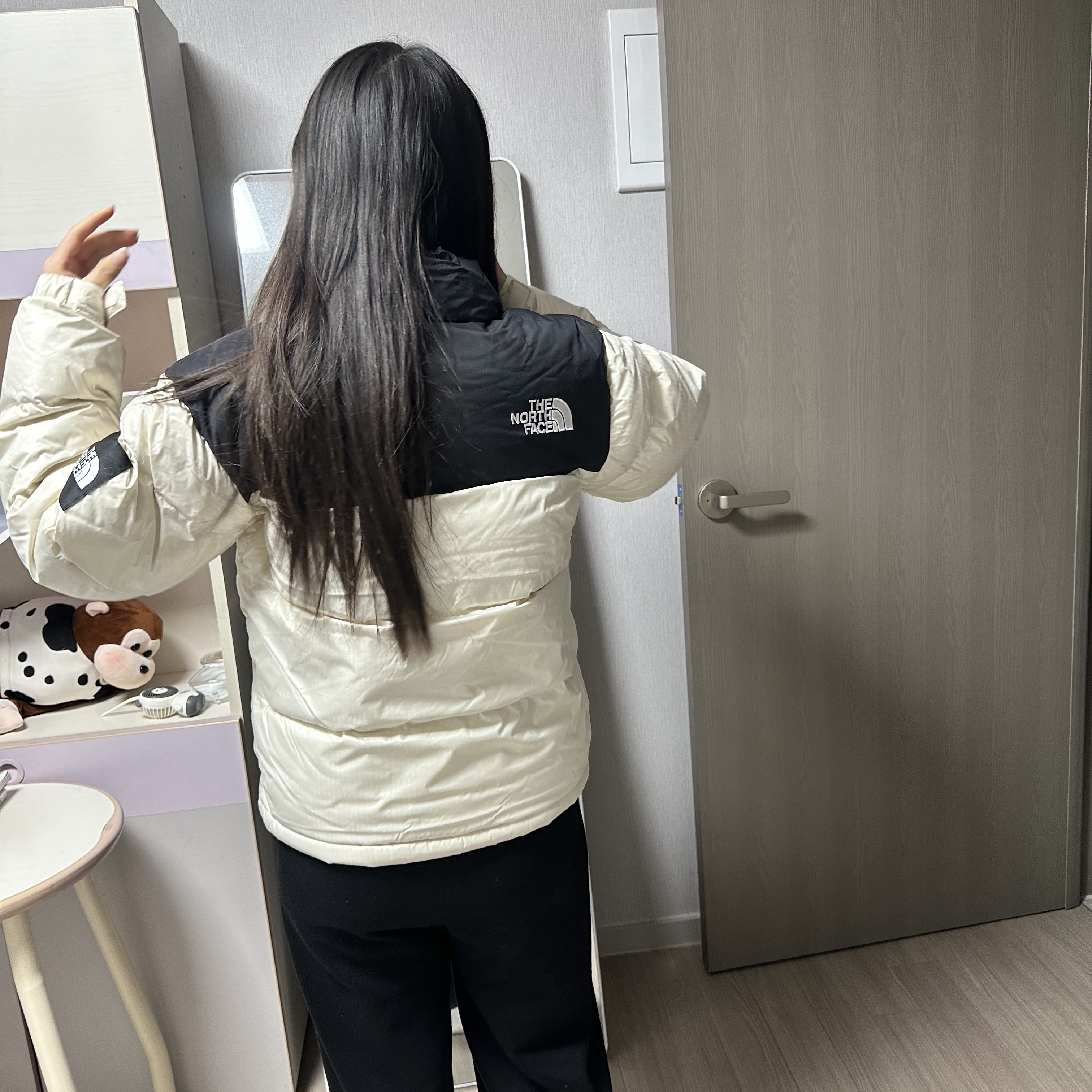 The North Face White Label Novelty Nuptse Down Jacket Cream 착용 스타일 - 2
