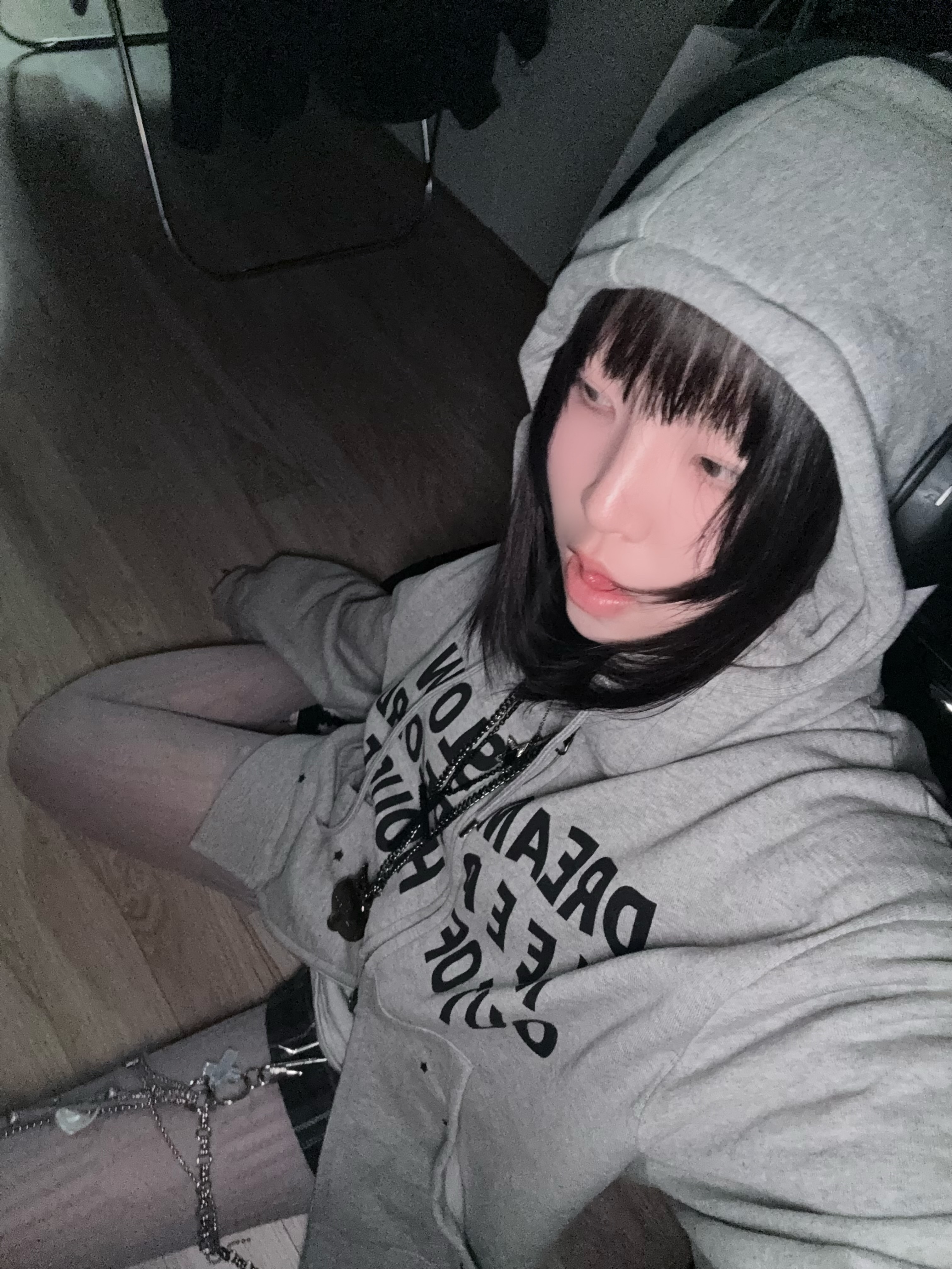 SLOW RECORD HOUSE Typo Star Hood Zip-Up Grey 착용 스타일 - 3