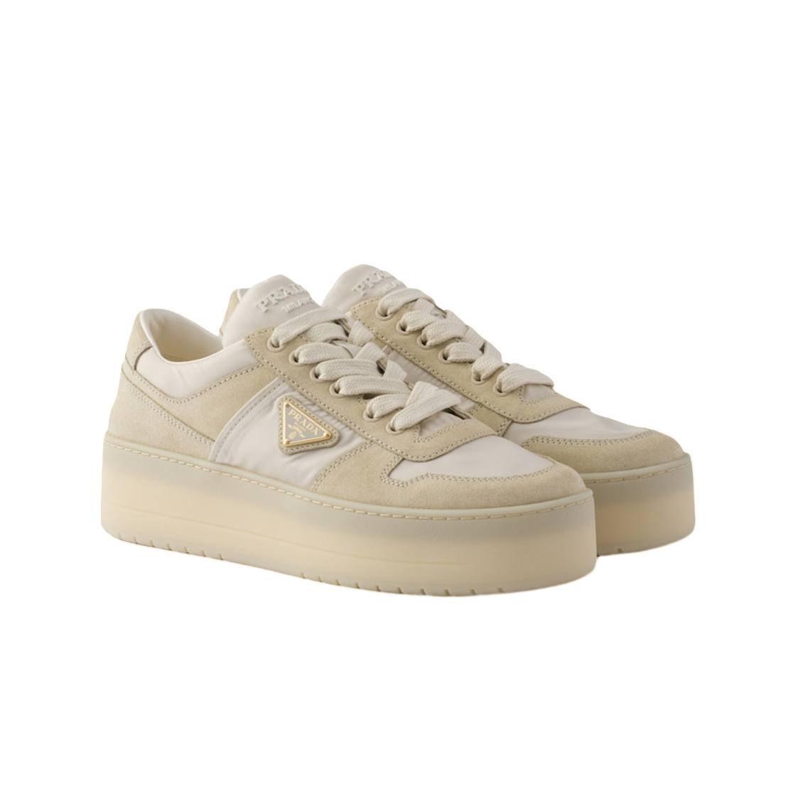 (W) 프라다 다운타운 볼드 리나일론 앤 스웨이드 스니커즈 아이보리((W) Prada Downtown Bold Re-Nylon and Suede Sneakers Ivory) - 2