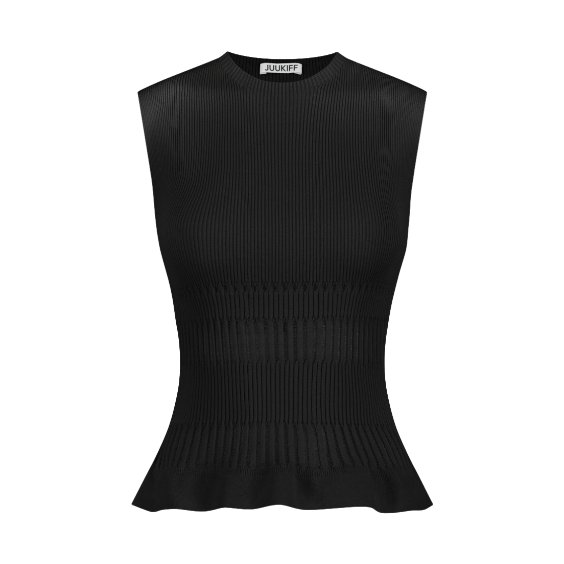 쥬키프 코튼믹스 레이스 립 니트탑 블랙(Juukiff Lace Ribbed Sleeveless Top In Mixed Cotton Black)