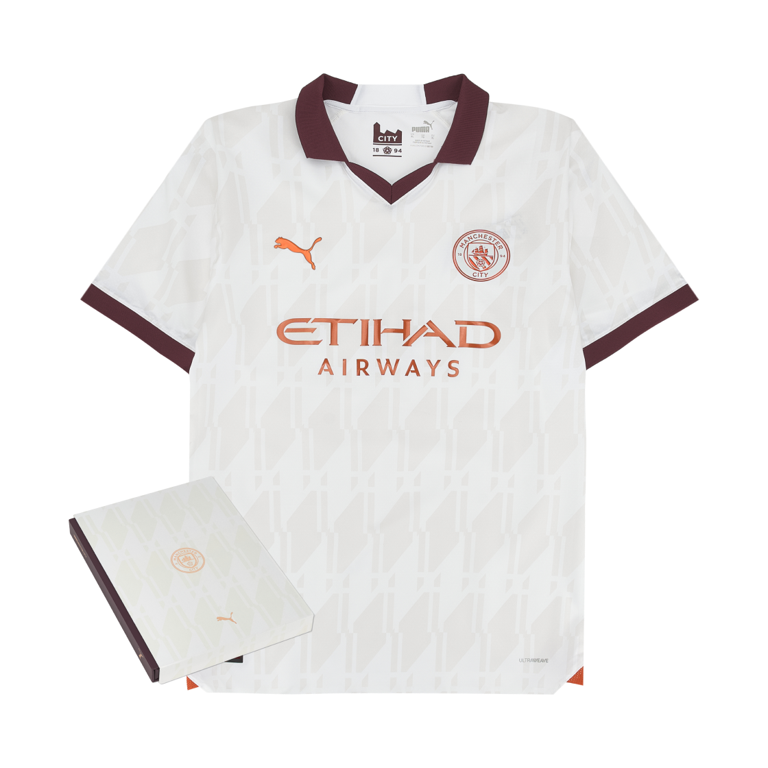 푸마 맨체스터 시티 2023/24 어웨이 어센틱 저지 푸마 화이트 오베르진 - 기프트 박스 패키지 (논 마킹 버전)(Puma Manchester City 2023/24 Away Authentic Jersey Puma White Aubergine - Gift Box Package (Non Marking Ver.))