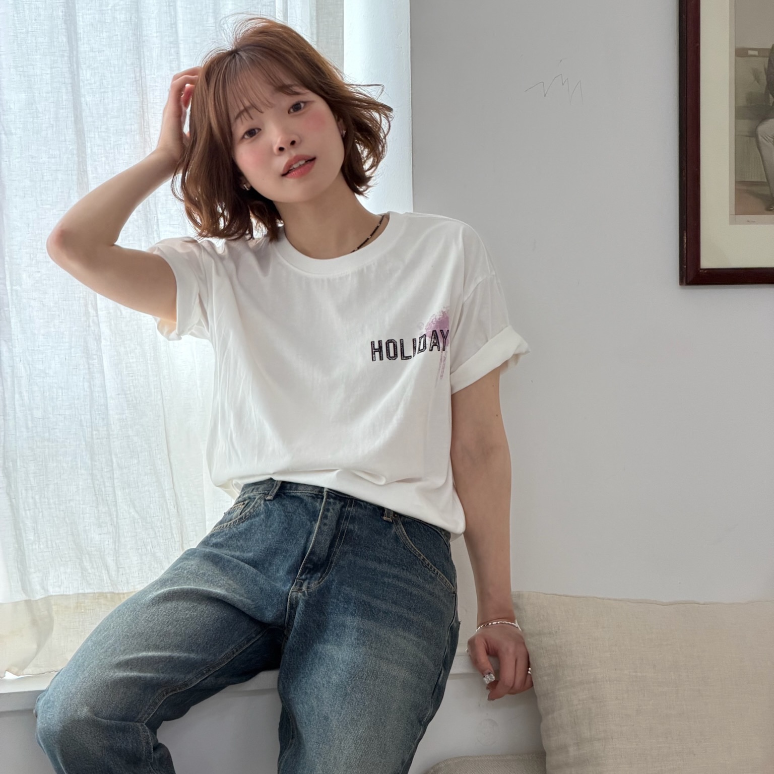 AMOU Holiday Half T- Shirts White, AMOU Holiday Half T- Shirts Purple 착용 스타일 - 1
